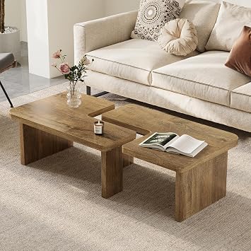 Farmhouse Wood Coffee Table L-Shaped Living Room Table, Retro Brown | Nesting Table Set of 2, Rectangle, Square or Separate End Use, Engineered Wood, Living Room Apartment Small Space Center