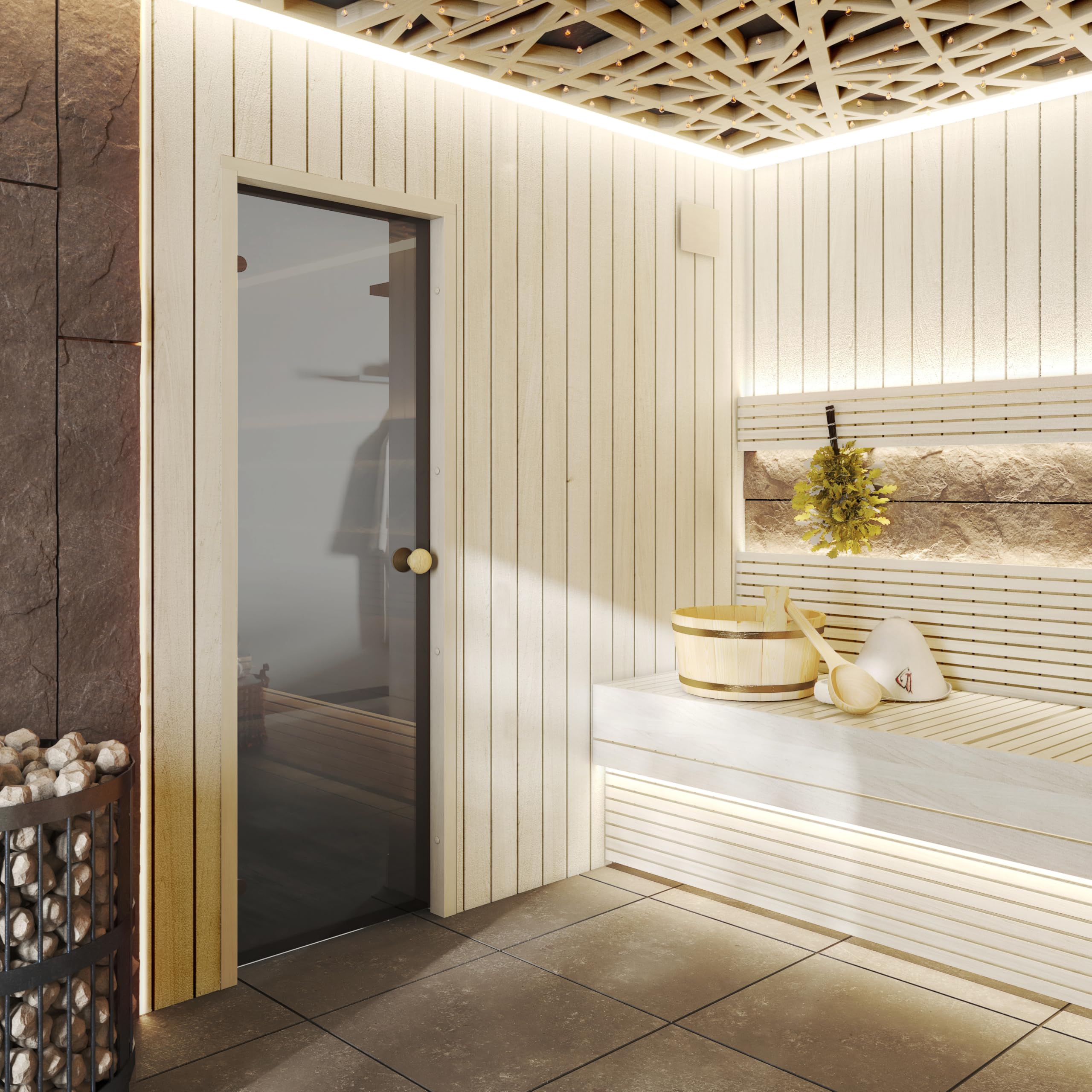 Porta sauna Sauflex ESSENTIAL – Vetro di sicurezza ESG 8 mm, telaio in legno laminato, montaggio a destra/sinistra (Grigio/Betulla, 70x200)