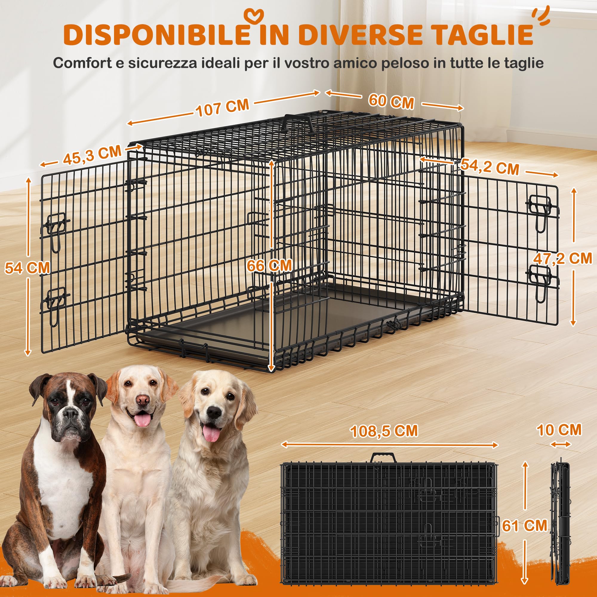 Yaheetech Gabbia per Cani Gatti Kennel in Metallo Cuccioli Pieghevole con Vassoio Rimovibile Doppia Porta e Divisorio Regolabile 107 × 60 × 66 cm Nero