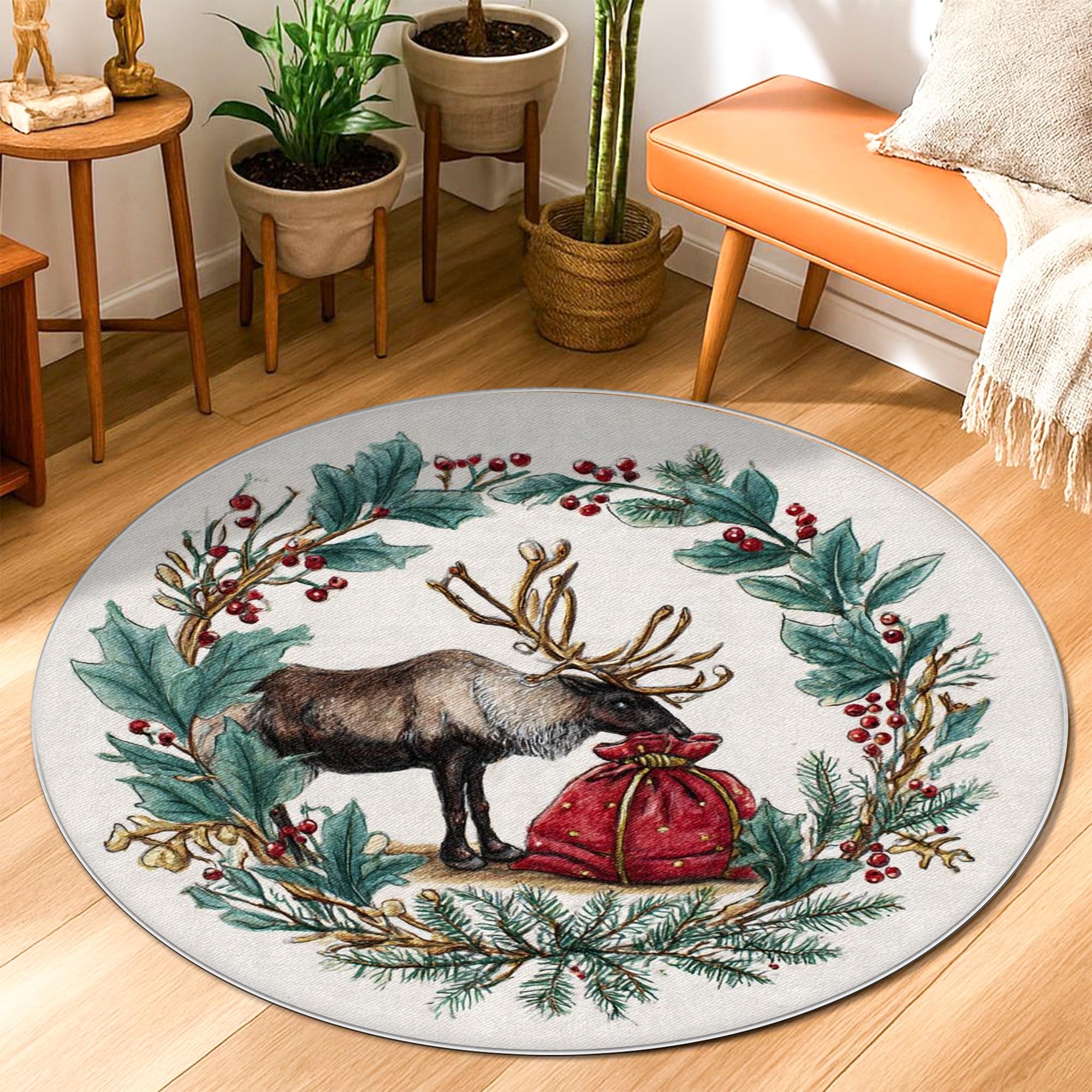 Tapis de Noël traditionnel 0,9x0,9m vert motif couronne de rennes pour entrée