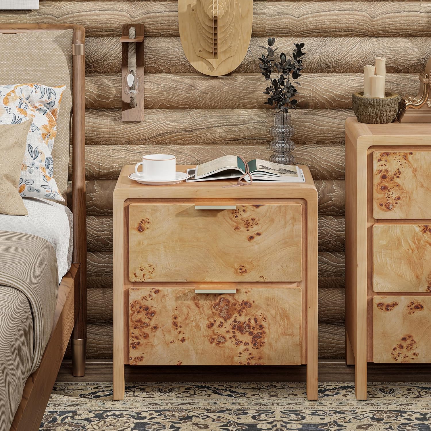 COZAYH Farmhouse Nightstand Set of 2 with Drawer, Distressed Wood Retro Accent Bedside Table, Fully Assembled Side Table for Bedroom, Rustic, Natural, Burl