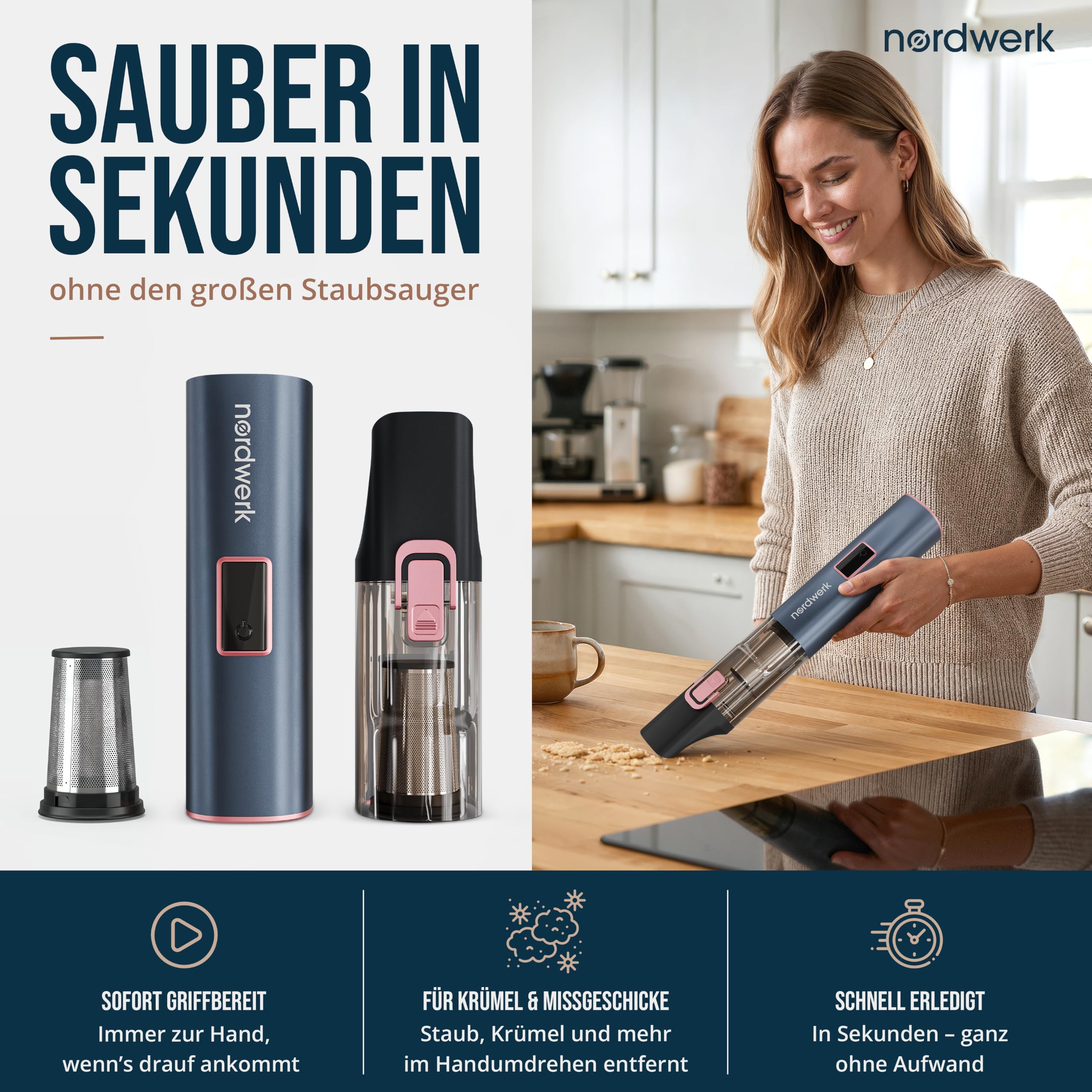 Akku Handstaubsauger Nordwind Flex für Haushalt & Auto, kabellos | starker Mini Staubsauger mit HomeDock® Ladestation, DeepReach Cleaning System®, Bürste für Tierhaare & Extra-Zubehör