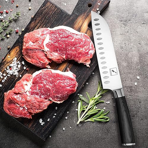 Miniatura 6 de imarku Santoku Cuchillo de cocina de 7 pulgadas, cuchillo asiático ultra afilado, cuchillo de chef japonés, acero inoxidable alemán HC 7Cr17Mov,