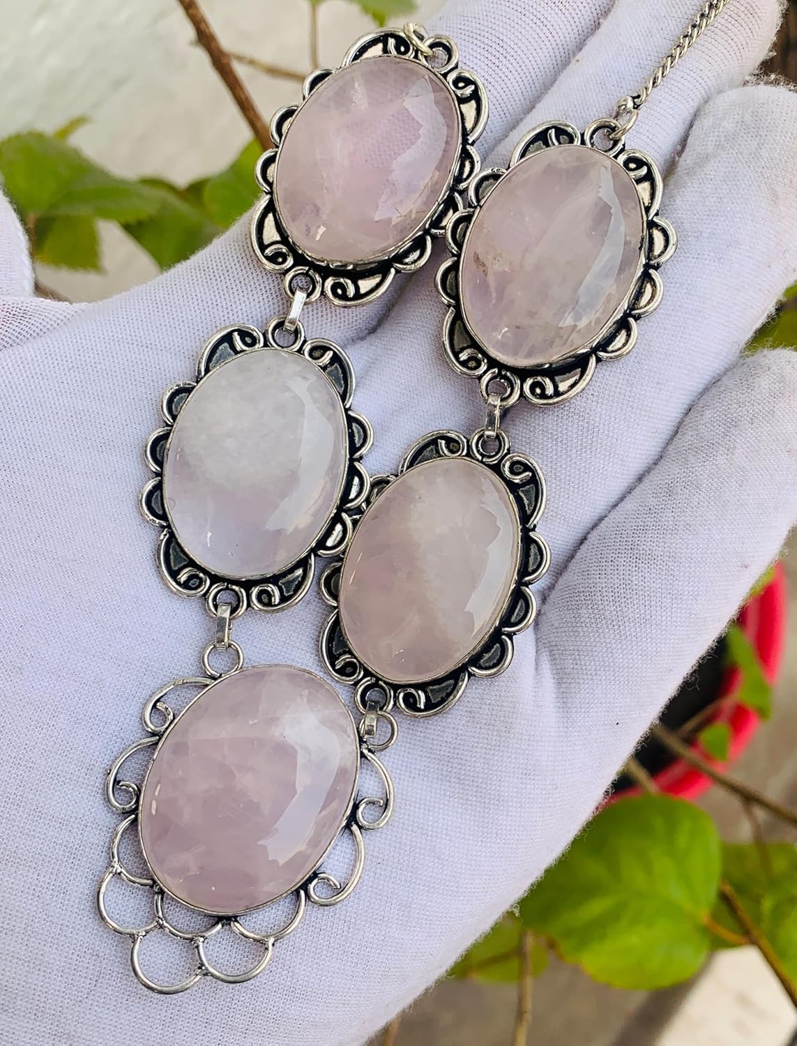 Silver Natural Gemstone Necklace for Women | Labradorite Moonstone & Rose Quartz | Handmade Boho Vintage Statement Pendant | Gift for Mother,Wife and Girlfriend