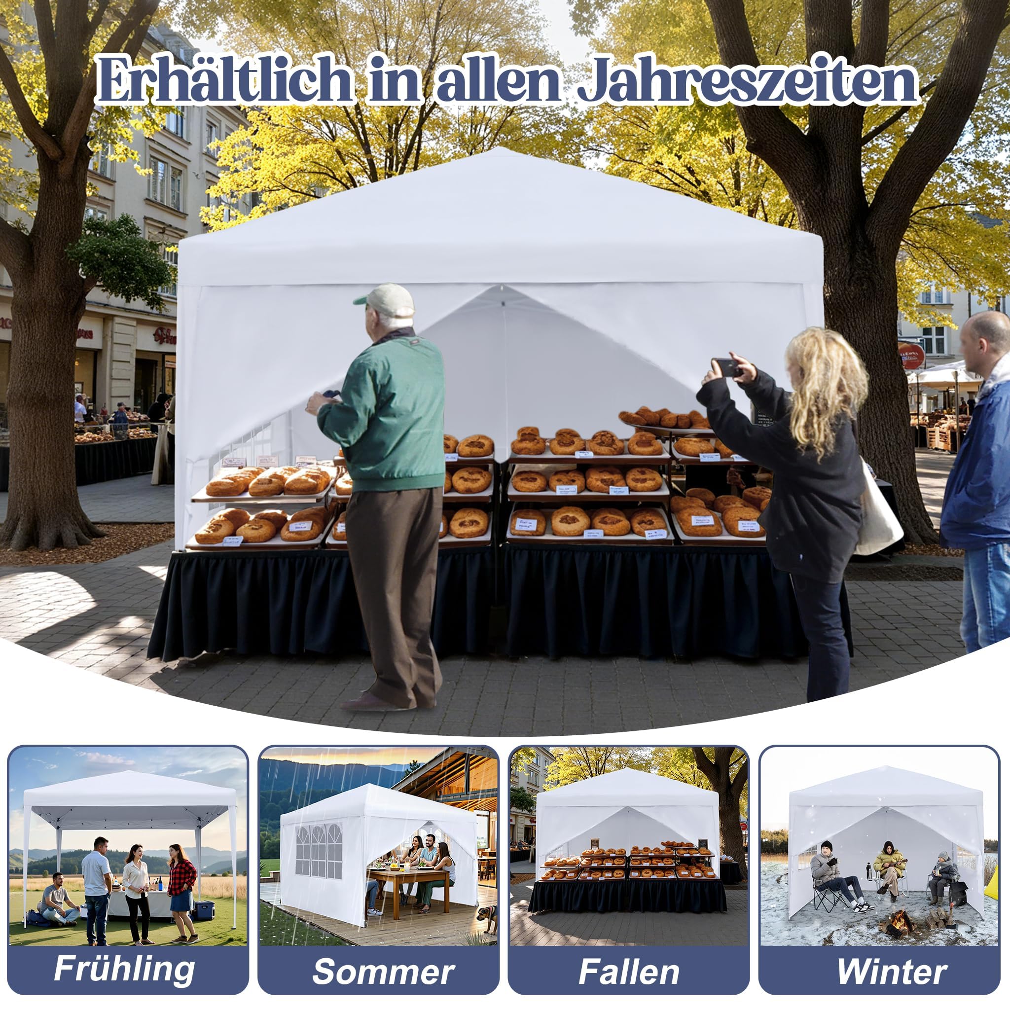 YUENFONG Gazebo pieghevole, 3 x 3 m, impermeabile, stabile, gazebo da giardino con 4 parti laterali, tenda pieghevole da giardino, protezione UV, per campeggio, feste, colore bianco