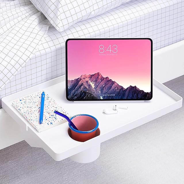 BedShelfie Bedside Shelf with Cupholder for Bed & Bunk Bed Shelf University Essentials Clip-On Bedside Table Nightstand Tray Caddy Organizer As Seen On Business Insider (Large, White Plastic)