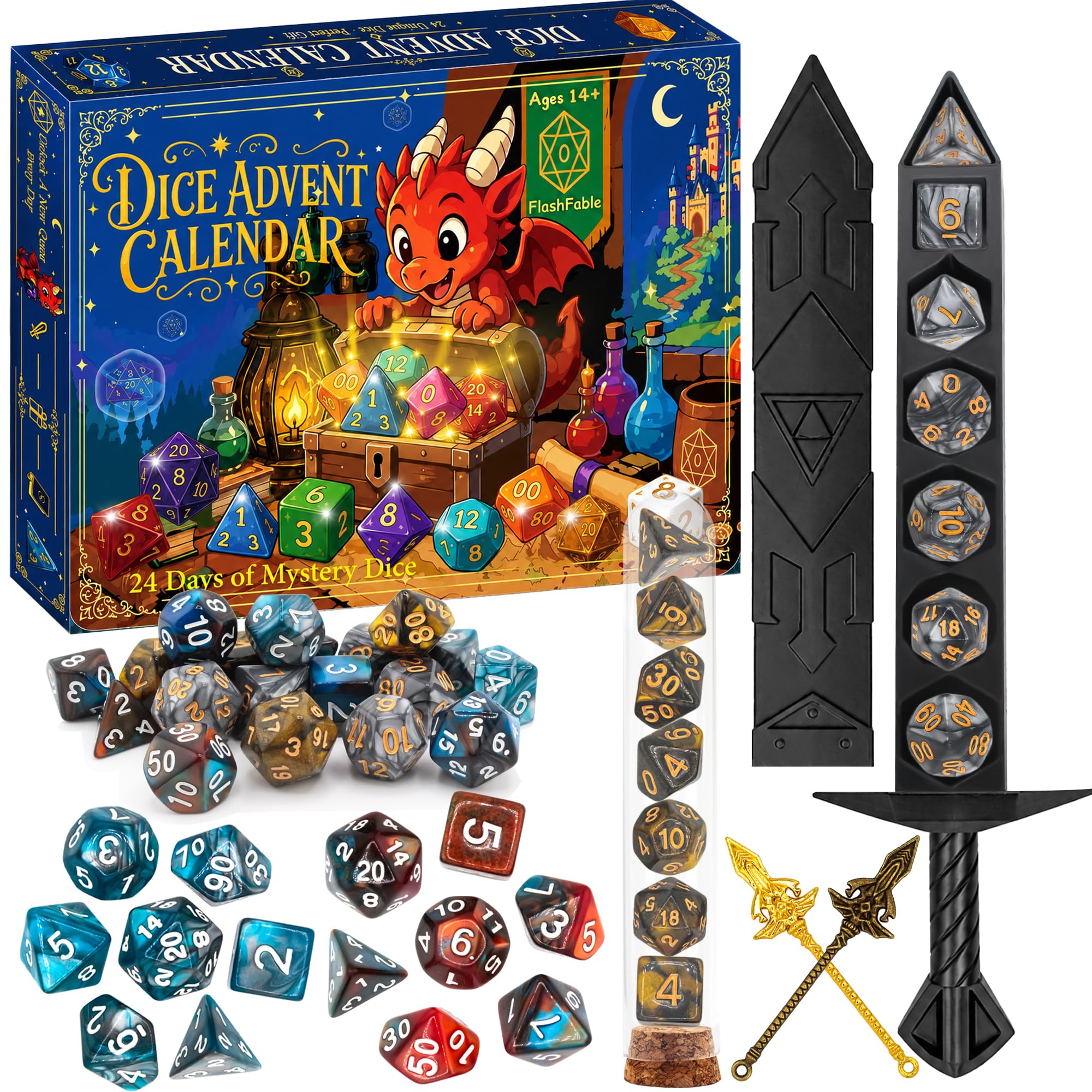 DND Dice Advent Calendar 2026, 24 Days Mystery Dice Set Christmas Countdown