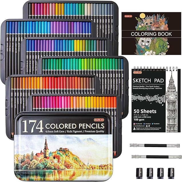 174 Colours Professional Colouring Pencils, Shuttle Art Soft Core Coloured Pencils Set with 1 Colouring Book,1 Sketch Pad, 4 Sharpener, 2 Pencil Extender, Artists Kids Adults Colouring, Drawing