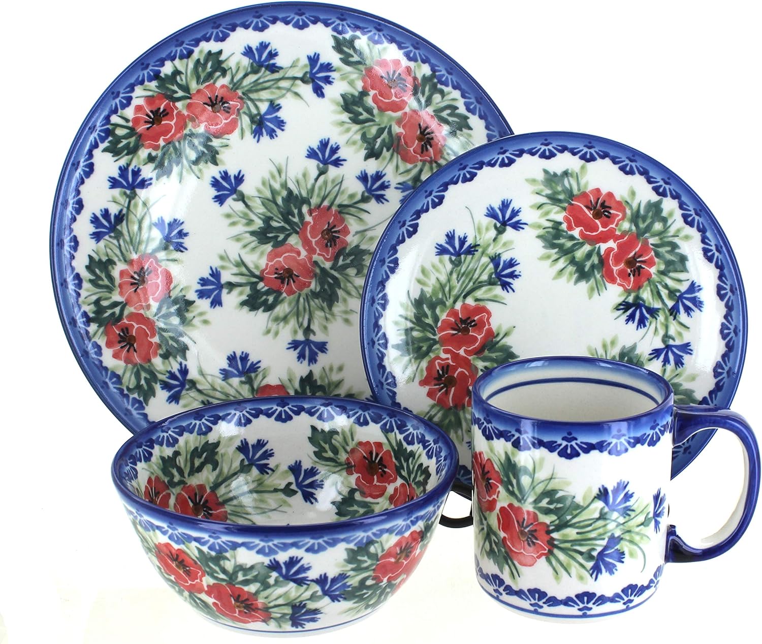 Blue Rose Polish Pottery - Winter Forest 4 PC Place Setting - Service for 1 - Green - 1 Place Setting - Ceramic Dinnerware Set, Unique Christmas Gift & Festive Tableware