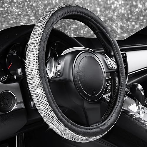 Miniatura 10 de CAR PASS Funda para volante de piel con diamantes de imitación brillantes, ajuste universal de 14 pulgadas, 12-15 pulgadas, protector de volante de