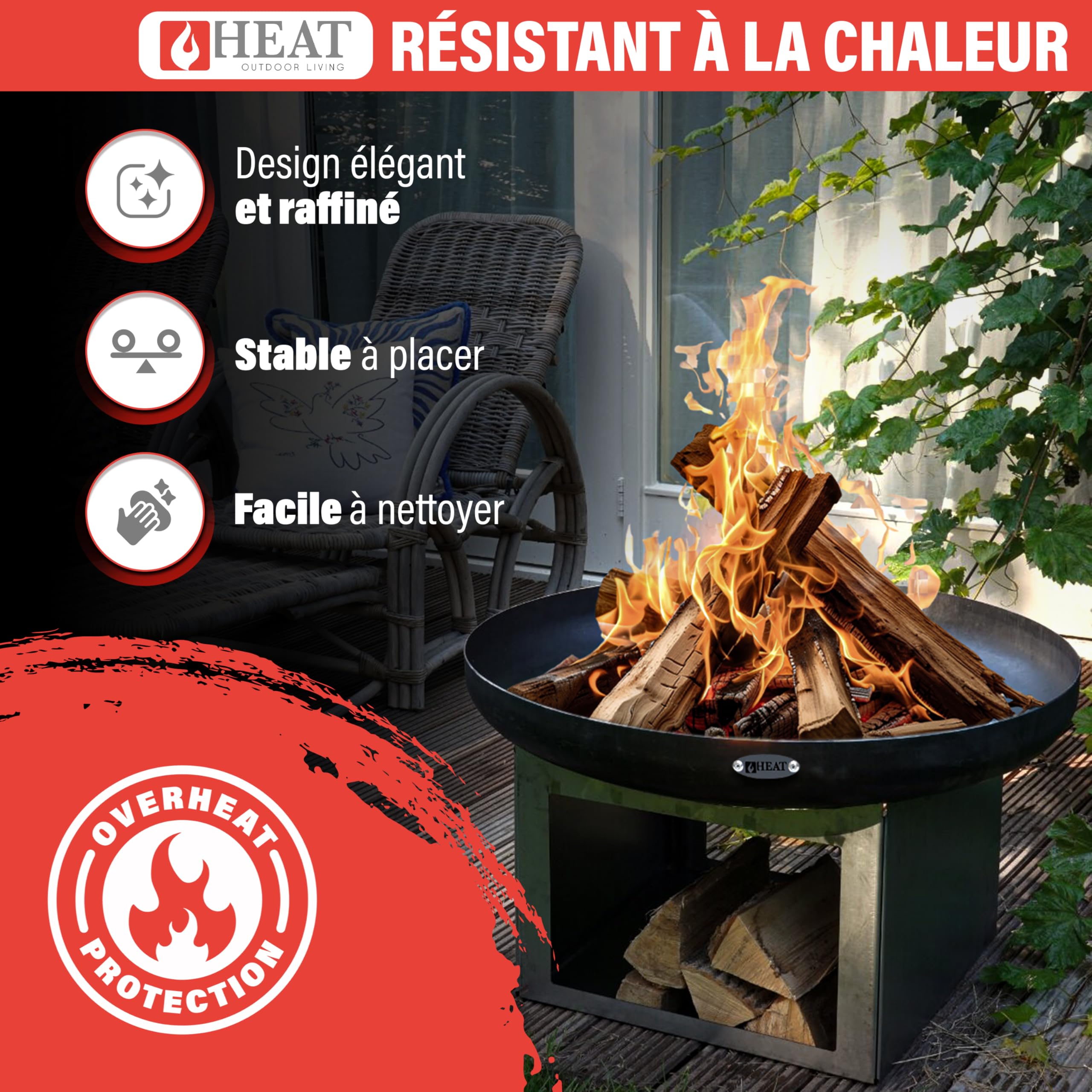 Brasero Fresvik Ø80 cm avec Rangement pour Le Bois - Brasero Barbecue - Brasero pour Jardin - Acier - Noir - 80x80x50 cm