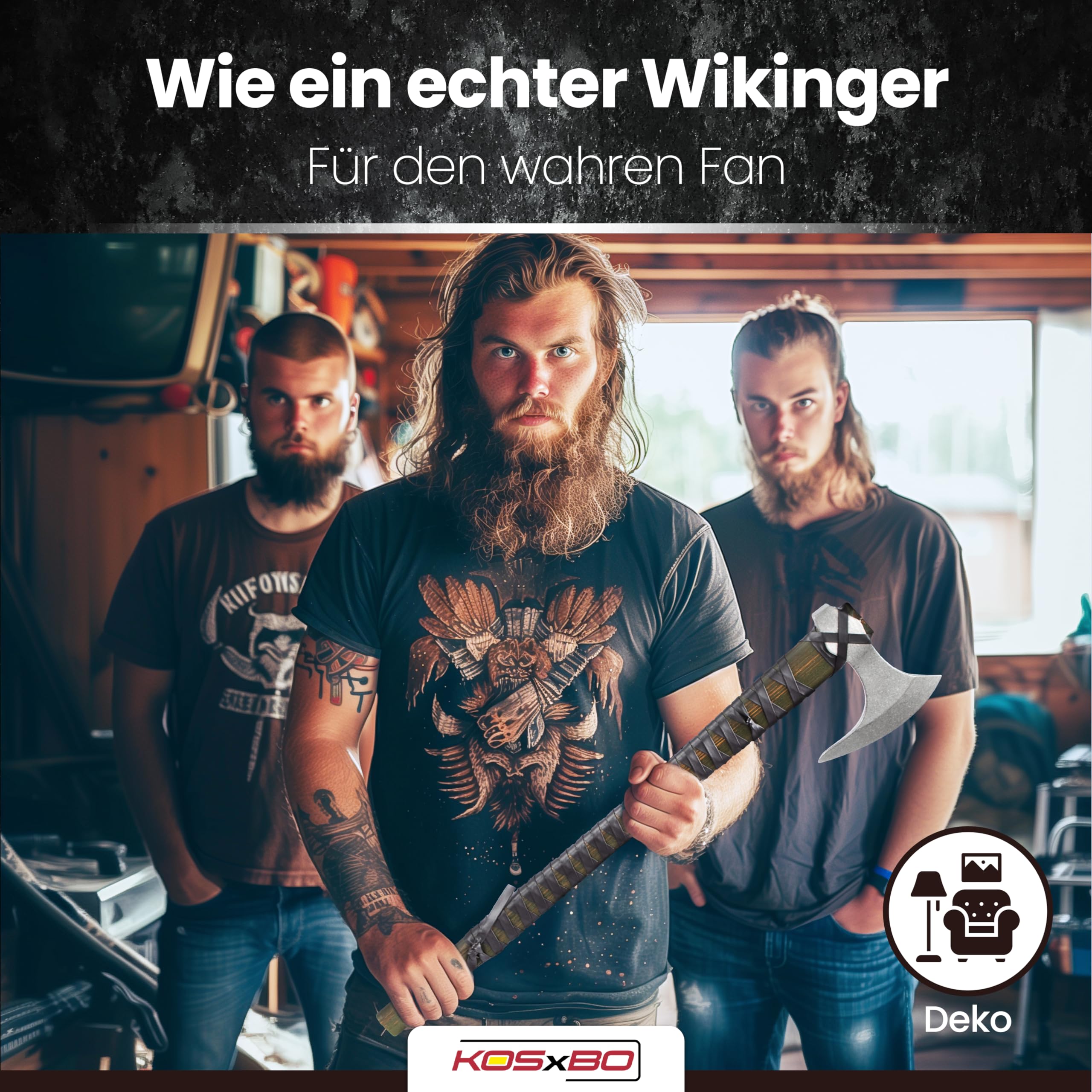 Wikinger Axt - Ragnar Lothbroks Kriegsaxt - Kampfaxt Vikinger - Streitaxt Metall - 63 cm Deko Wikinger Kampfaxt mit Schild aus Holz