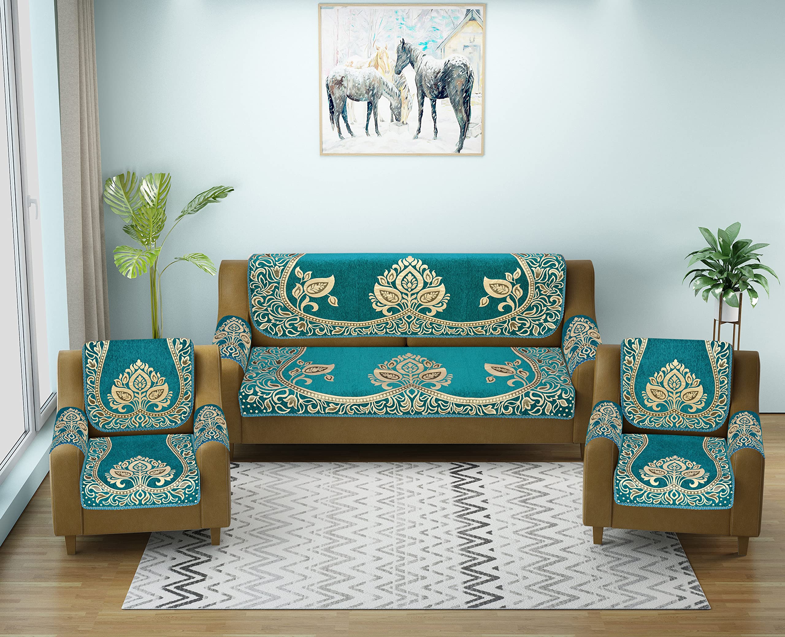 SAWNA Homes 5 Seater Premium Sofa Cover Set with Arm Cover 3, 2 Seater 16 Piece Floral Printed Sofa Back Slip Panels, Covers, Protector for Single Seater, 30 x 30 x 5 CM, Sky