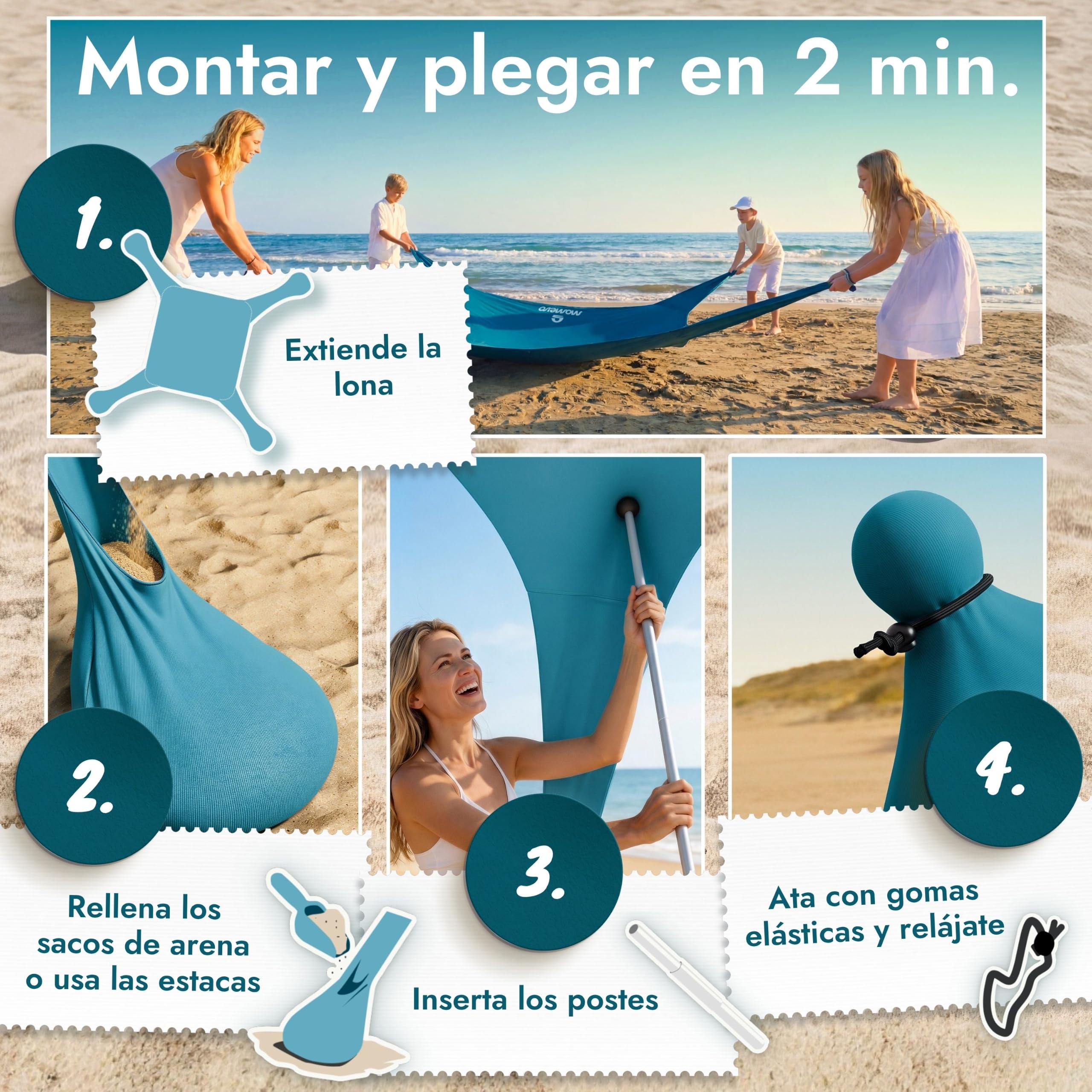 Tienda de Playa con toldo Solar UPF50+, 6 Personas, Azul Petróleo | Antiviento, Refugio de playa ligero, resistente al viento y ligera, tienda de playa de nueva generación
