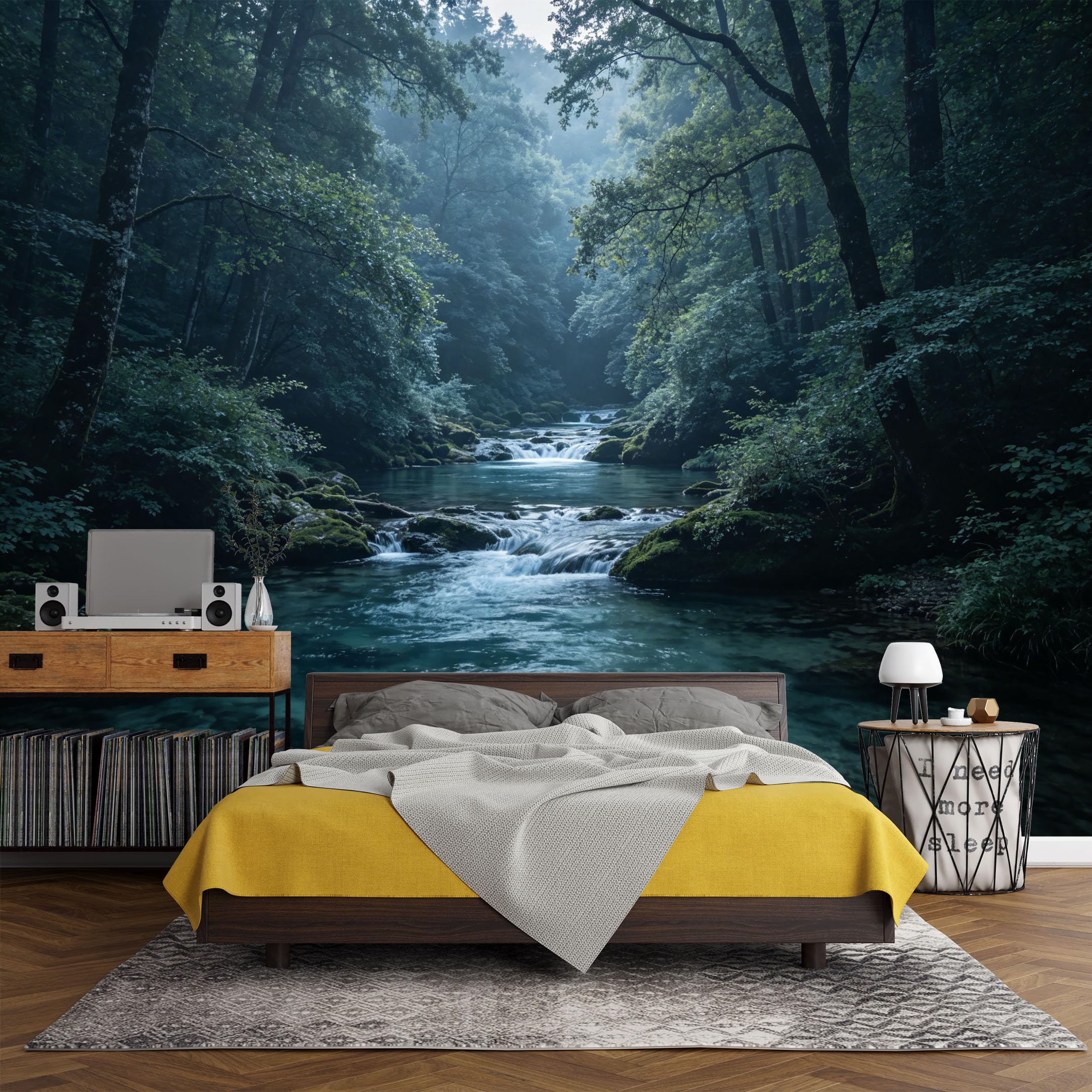Custom Size Wall Mural， Forest River Waterfall Landscape Nature Stream Tranquil Scenery，SelfAdhesive Art Prints wall Fabric(No PVC) Removable Wallpaper Living Room Decor