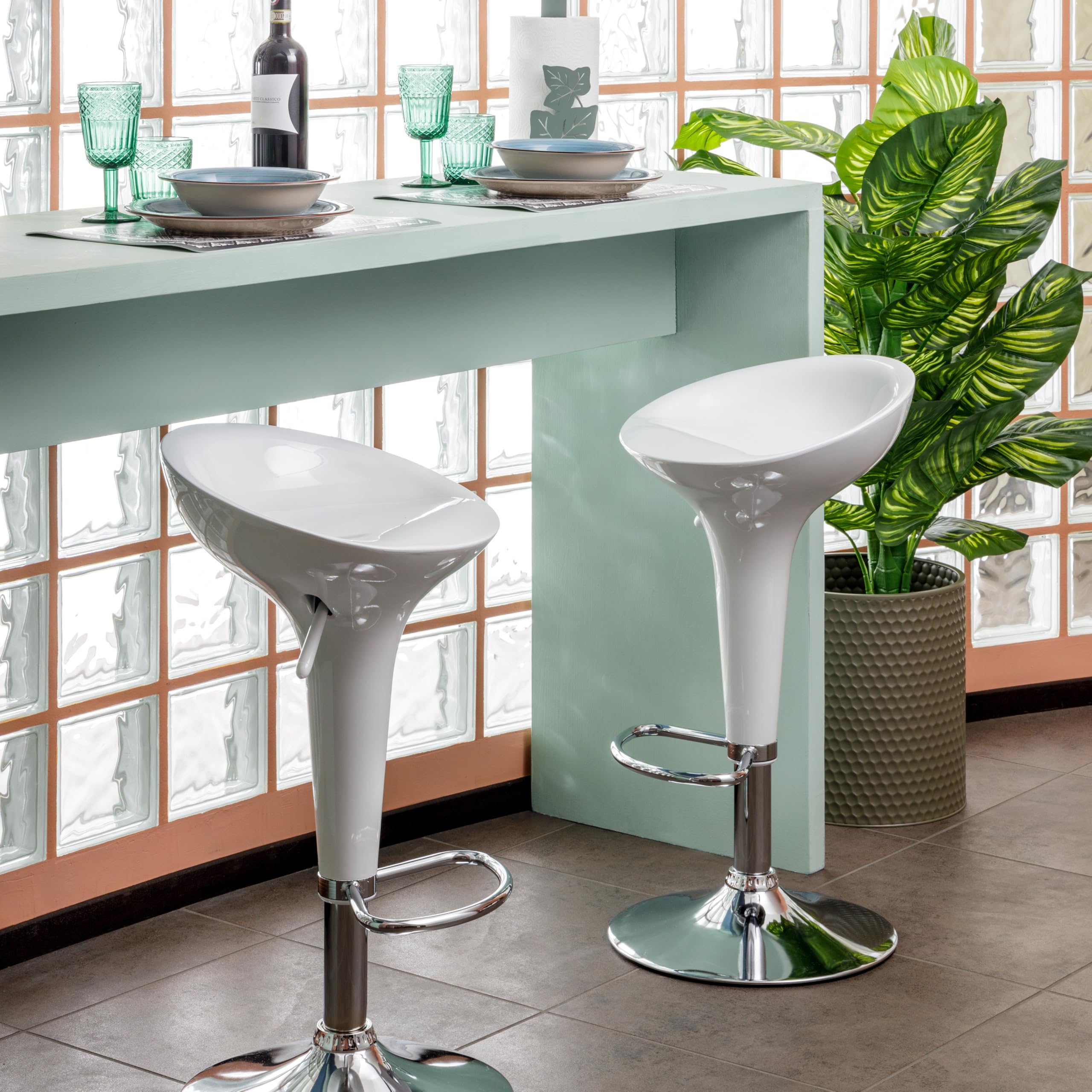 Baroni Home Swivel Bar Stool with Adjustable Height, Plastic Seat, Chrome Base with Footrest and Anti-Scratch Bottom, Kitchen Stool and Peninsula, 40 x 45 x 59-79 cm, White 1 Piece — view 6