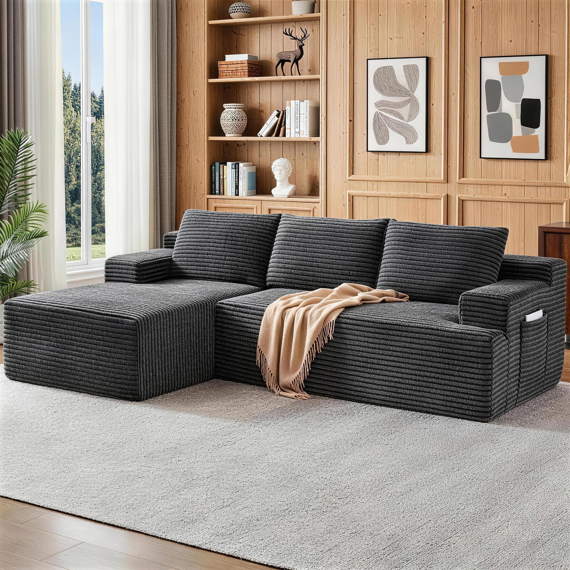 Boneless Couch, Modular Sectional Couches for Living Room, U-Shaped Cloud Couch Sofa with Deep Seat, Fluffy Corduroy Upholstered Corner Sofa