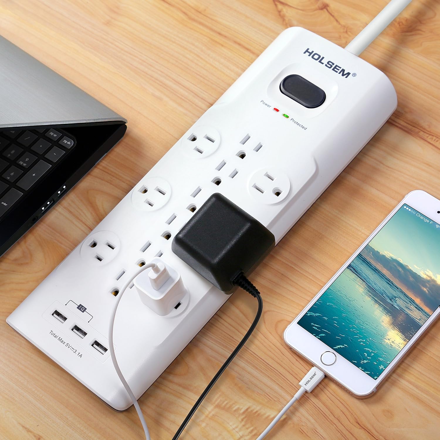HOLSEM 12 Outlets Surge Protector Power Strip with 3 Smart USB Charging Ports (5V/3.1A) and 6' Heavy Duty Extension Cord, White