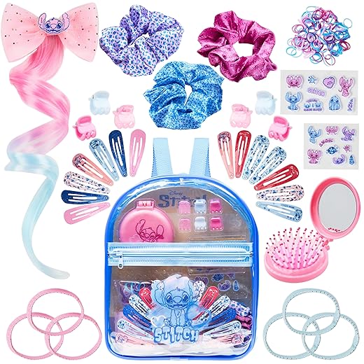 Get Trend Disney Stitch Hair Accessories Clear Backpack Set for Girls, Hair Ties, Clips, Stickers, Brush, Bands, Scrunchies, Gifts for Girls (Blue Stitch)
