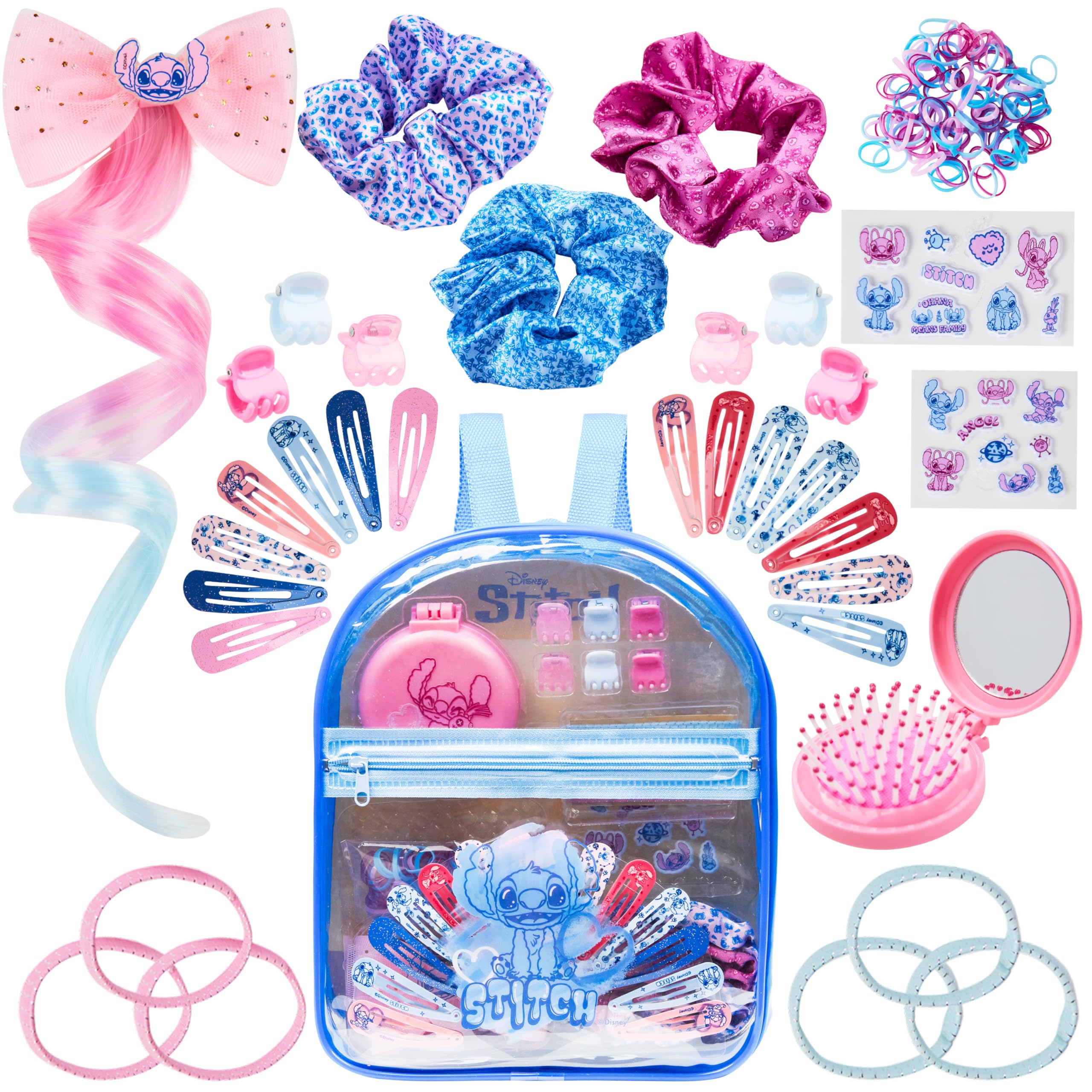Disney Stitch Hair Accessories Clear Backpack Set Gifts for Girls, Hair Ties, Clips, Stickers, Brush, Bands, Scrunchies, Cute Travel Bag (Blue Stitch)
