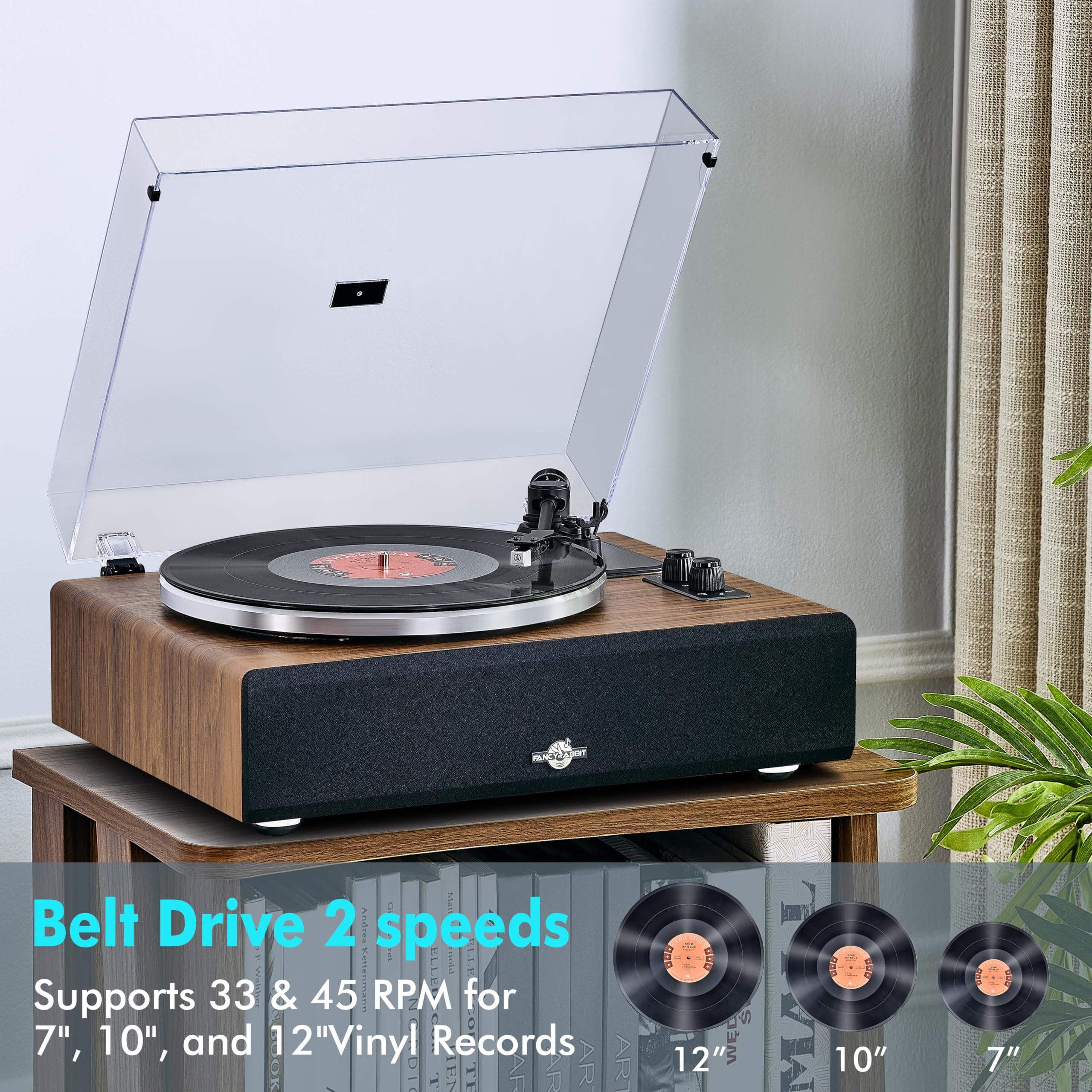 Plattenspieler mit Lautsprechern, Bluetooth Schallplattenspieler mit integriertem Verstärker, Hi-Fi Vinyl Record Player mit AT-3600L Magnet-Tonabnehmer, 2 Geschwindigkeiten (33/45 U/min)