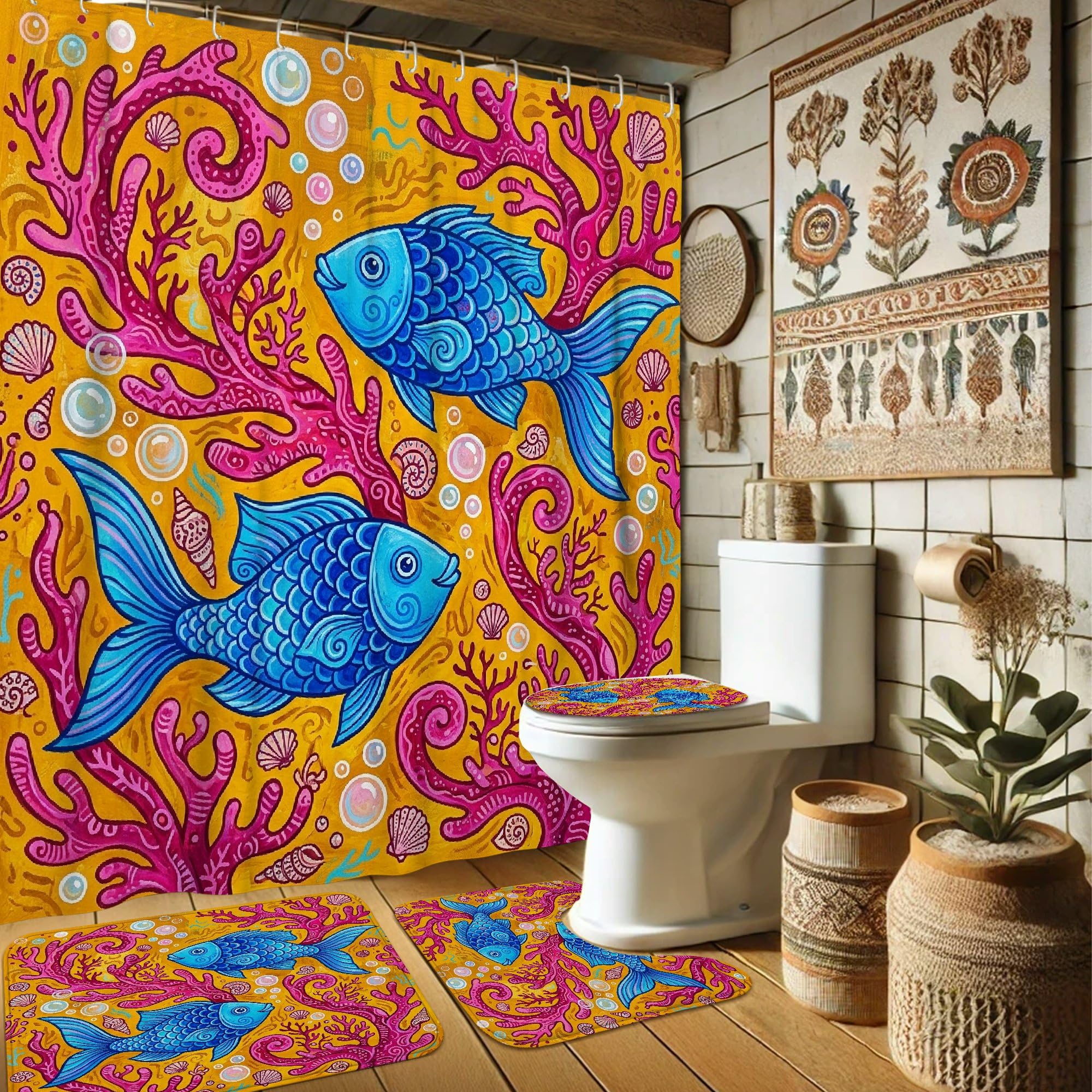 Rideau de douche en toile anti projections avec tapis de bain motif poisson