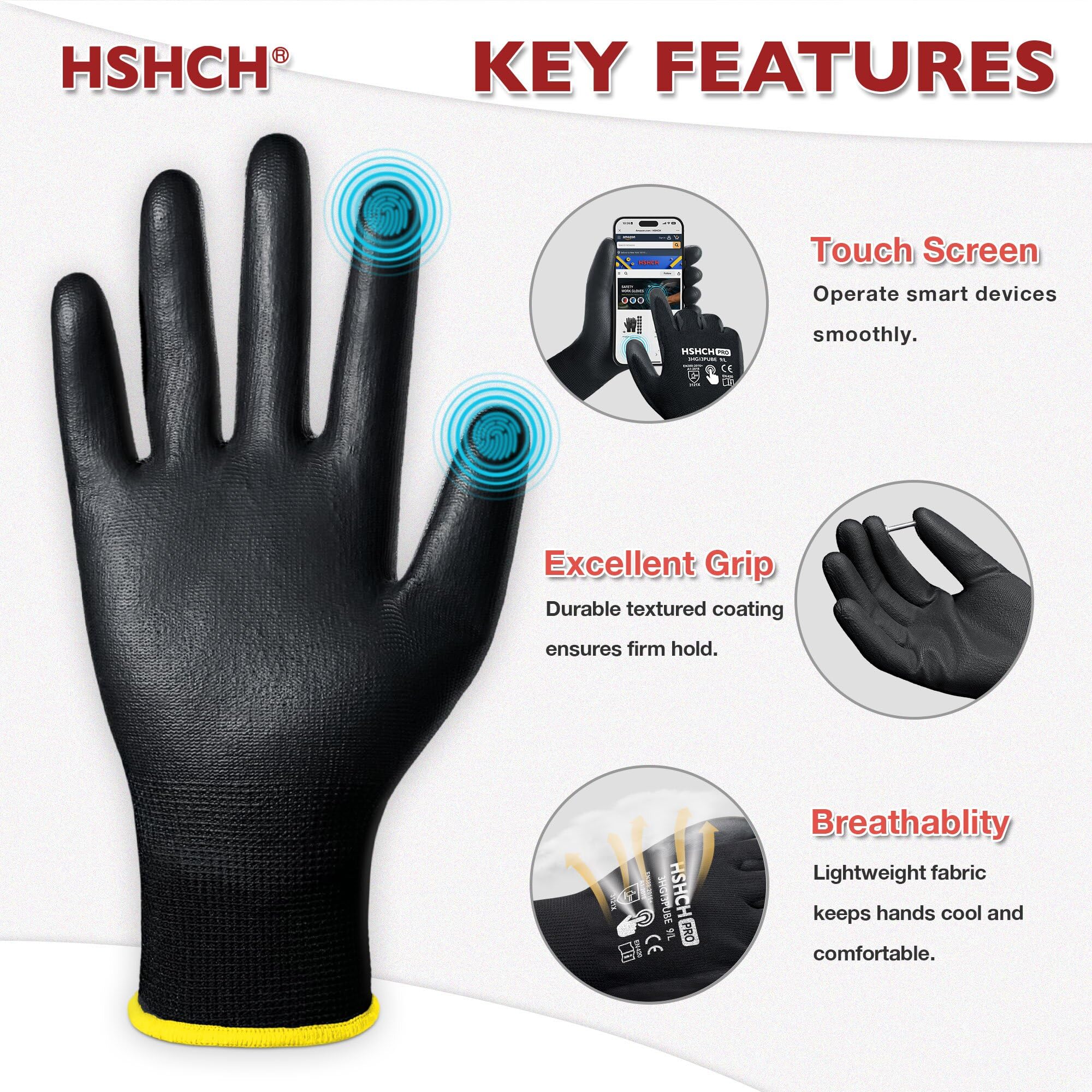 Arbeitshandschuhe für Damen und Herren, nahtloser Strickhandschuh mit zwei Fingern, Touchscreen, ideal für allgemeine Aufgaben, Lager, Auto, Heimwerker, Größe L, Schwarz, 12 Paar