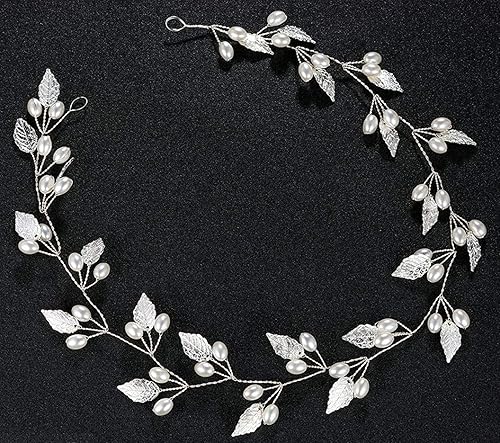 Kercisbeauty Diadema plateada de hojas de perla de 24 pulgadas de largo para bodas, novias, cabello, corona de vid, damas de honor, niñas, tocado de