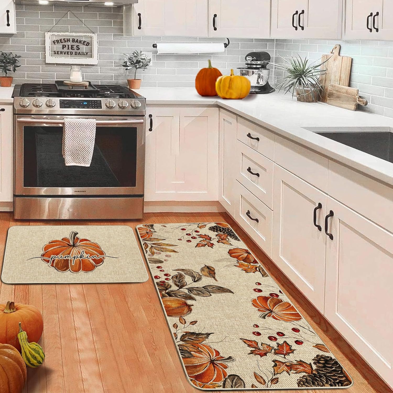Thanksgiving Harvest Fall Pumpkin Birds Kitchen Mats Set of 2, Autumn Grateful Kitchen Rugs Seasonal Low Profile Floor Mat Farmhouse Non-Slip Runner Home Decor 17x29 and 17x47 Inch