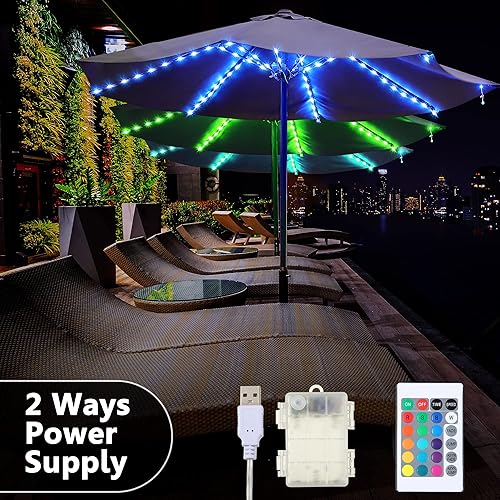 Miniatura 6 de Guirnalda de luces para sombrilla de patio con 16 colores cambiantes y 12 modos, control remoto, 104 cuentas LED ultra brillantes, impermeables,
