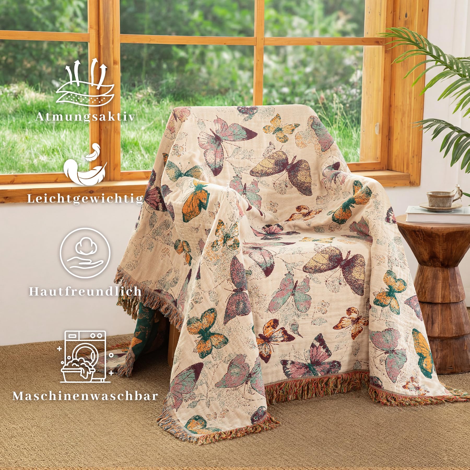 Boho Tagesdecke mit Fransen, 100% Baumwolle Doppelseitige Musselin Decke 230x250cm, Weiche Kuschelige Sofadecke & Bettüberwurf, Atmungsaktiv für Wohnzimmer Schlafzimmer Ganzjährige Nutzung