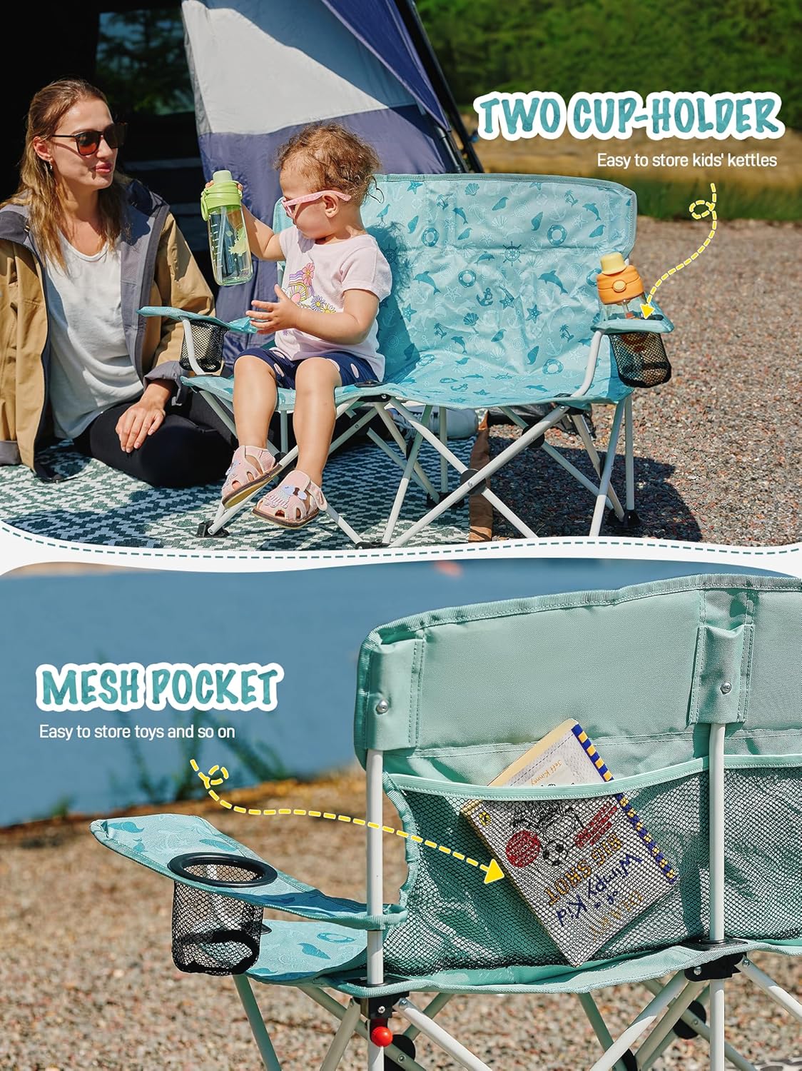 EVER ADVANCED Kids Double Camping Chair, Foldable Loveseat for Siblings & Twins with Cup Holders, Padded Kid Chair with Mesh Pocket, Portable Outdoor Sofa for Beach, Playroom, Supports 300lbs, Green