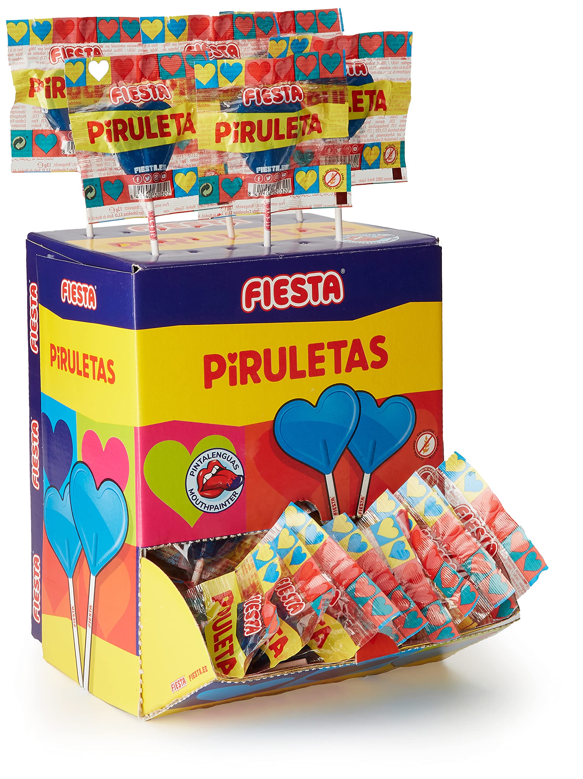 FIESTA Piruletas Pintalenguas Caramelo con Palo en Forma de Corazón Sabor Mora - Caja de 80 unidades & Kojak Pintalenguas Caramelo con Palo Sabor Mora Relleno de Chicle - Caja de 100 unidades