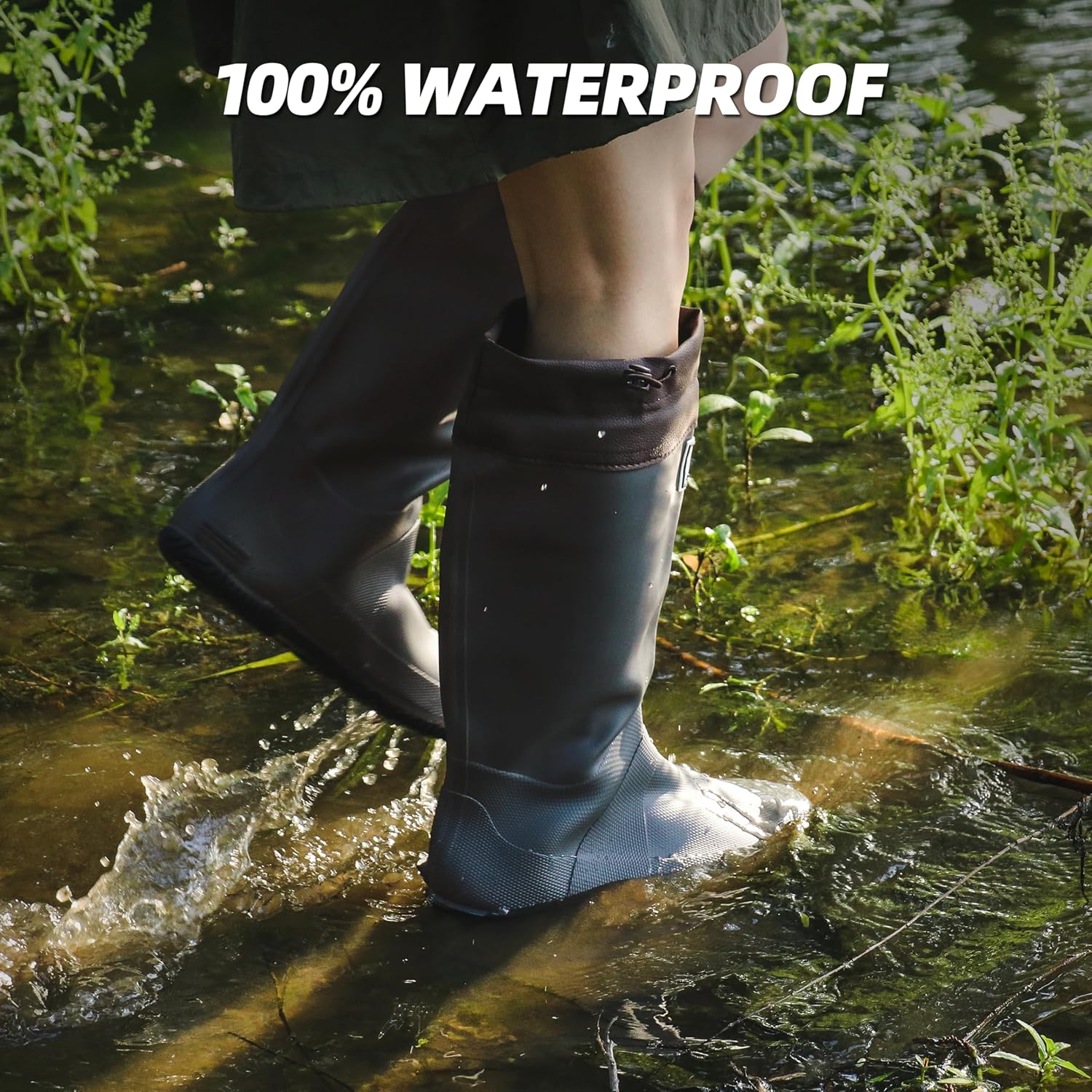 Women’s Waterproof Mid-Calf Rain Boots, Lightweight Foldable Rubber Boots with Quiet-Step Anti-Slip Sole, Adjustable Drawstring Cuff, Japanese-Inspired Style for Gardening, Birdwatching & Outdoor Work