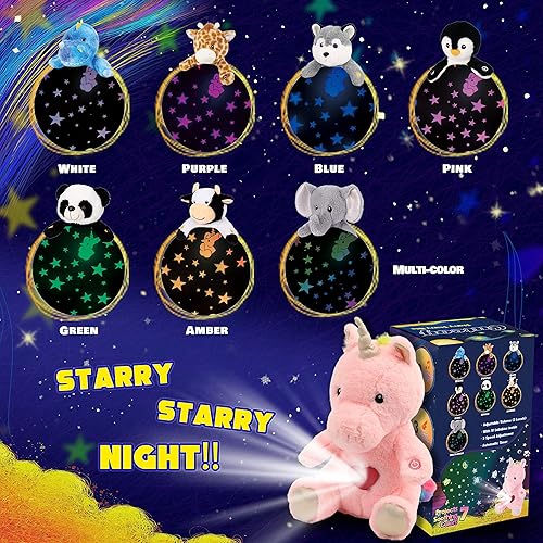 Miniatura 5 de Cuteoy Proyector de estrellas de unicornio rosa de felpa, luz nocturna musical, ajustable, animales de peluche, juguetes de peluche brillantes,