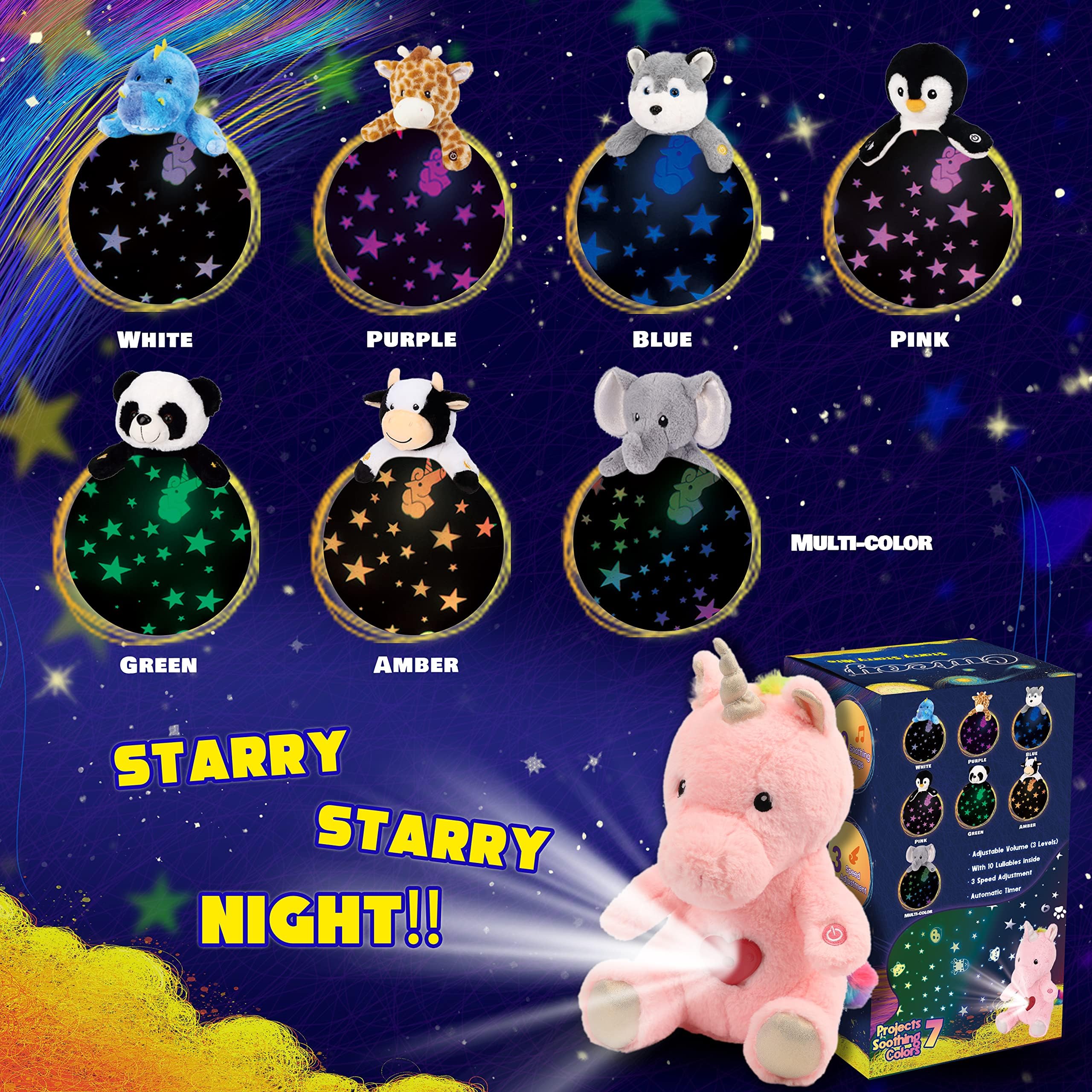 Jednorożec Star Projector Pluszowa zabawka do wypełniania zwierzętami, zabawka, regulowana objętość, dla chłopców i dziewczynek, prezent urodzinowy