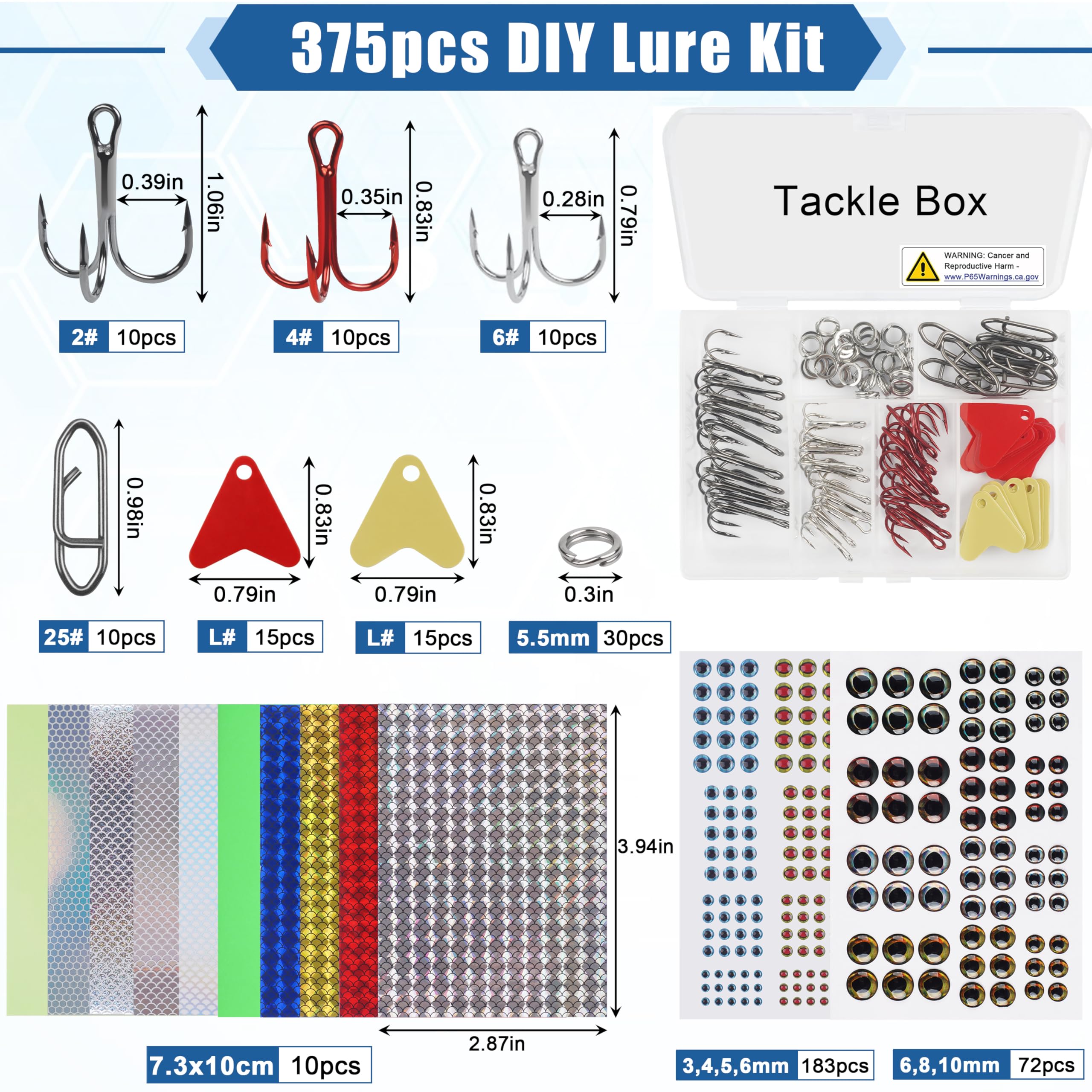 Unlackiertes Angelköder-Set, 375-teilig, blanko, Crankbaits, Elritze, Hartköder-Set, enthält Köderbänder, Augen, Drillingshaken, Spaltringe, Speed-Clips, machen Sie Ihre eigenen Angelköder