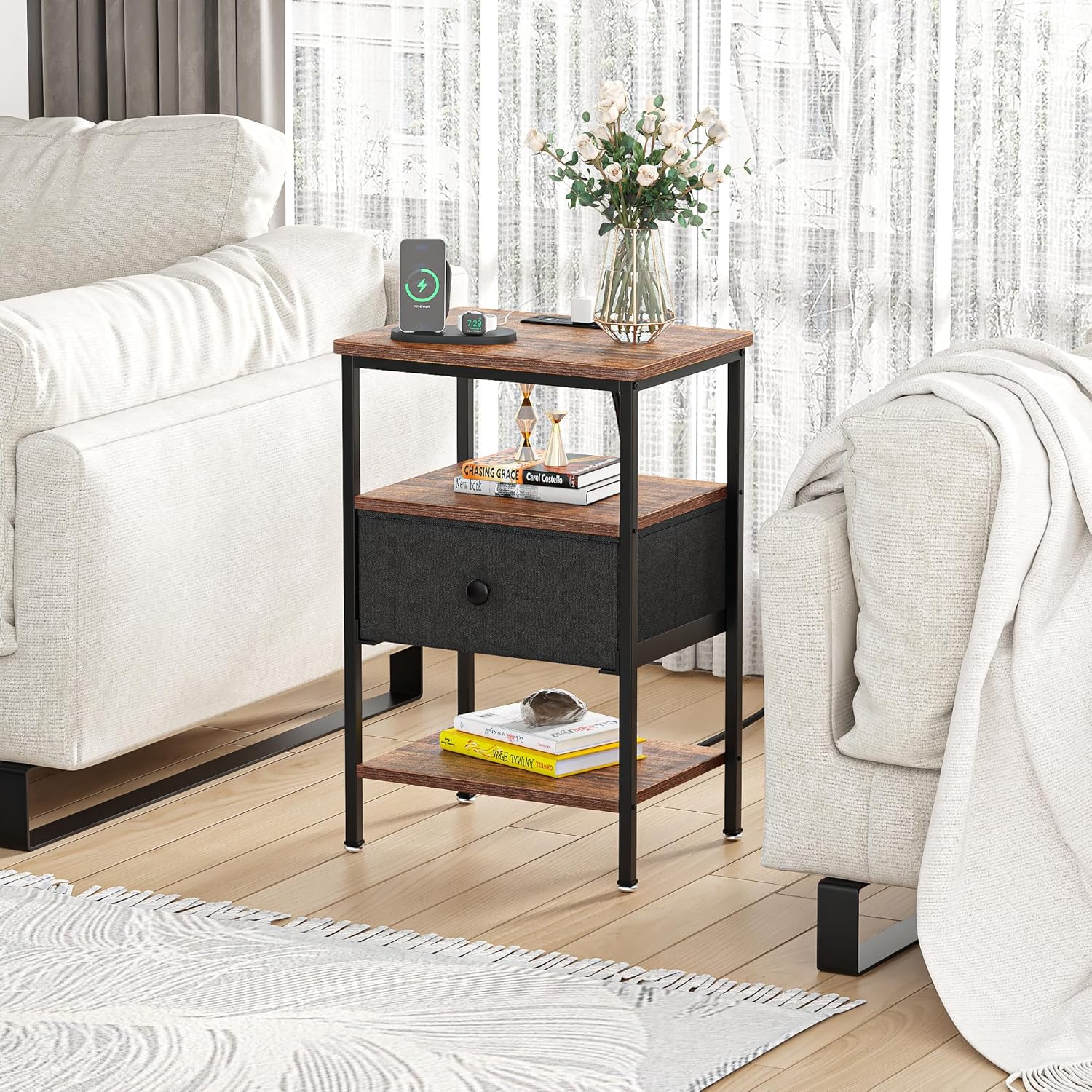 VECELO Bedside Tables Set of 2 with Charging Station,End Tables with Storage Shelf&Fabric Drawer,Bedside Tables for Bedroom,Living Room,Small Spaces,Brown