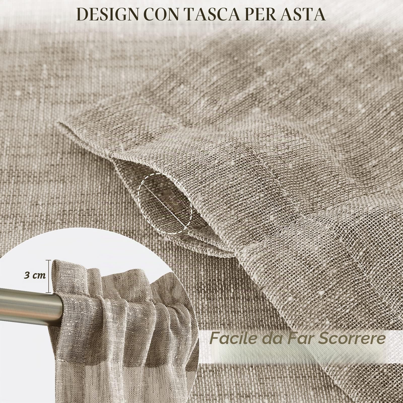Melodieux Tende velate in lino rustico, lunghe 240 cm, per soggiorno e camera da letto, tessuto in lino naturale, con tasca per asta, 132 x 248 cm, marrone chiaro (2 pannelli)