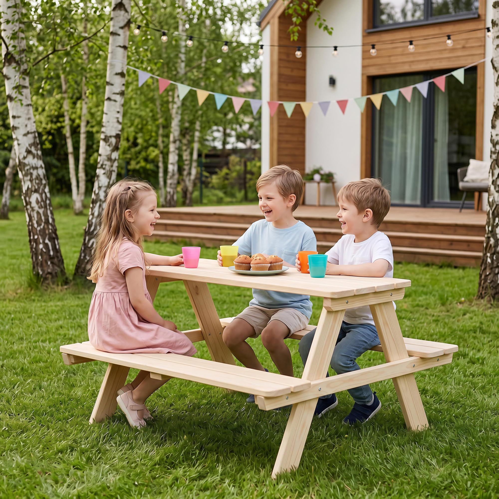 roba Kinder Outdoor+ Sitzgruppe "Picknick for 4" - Sitzgarnitur aus Massivholz - Natur