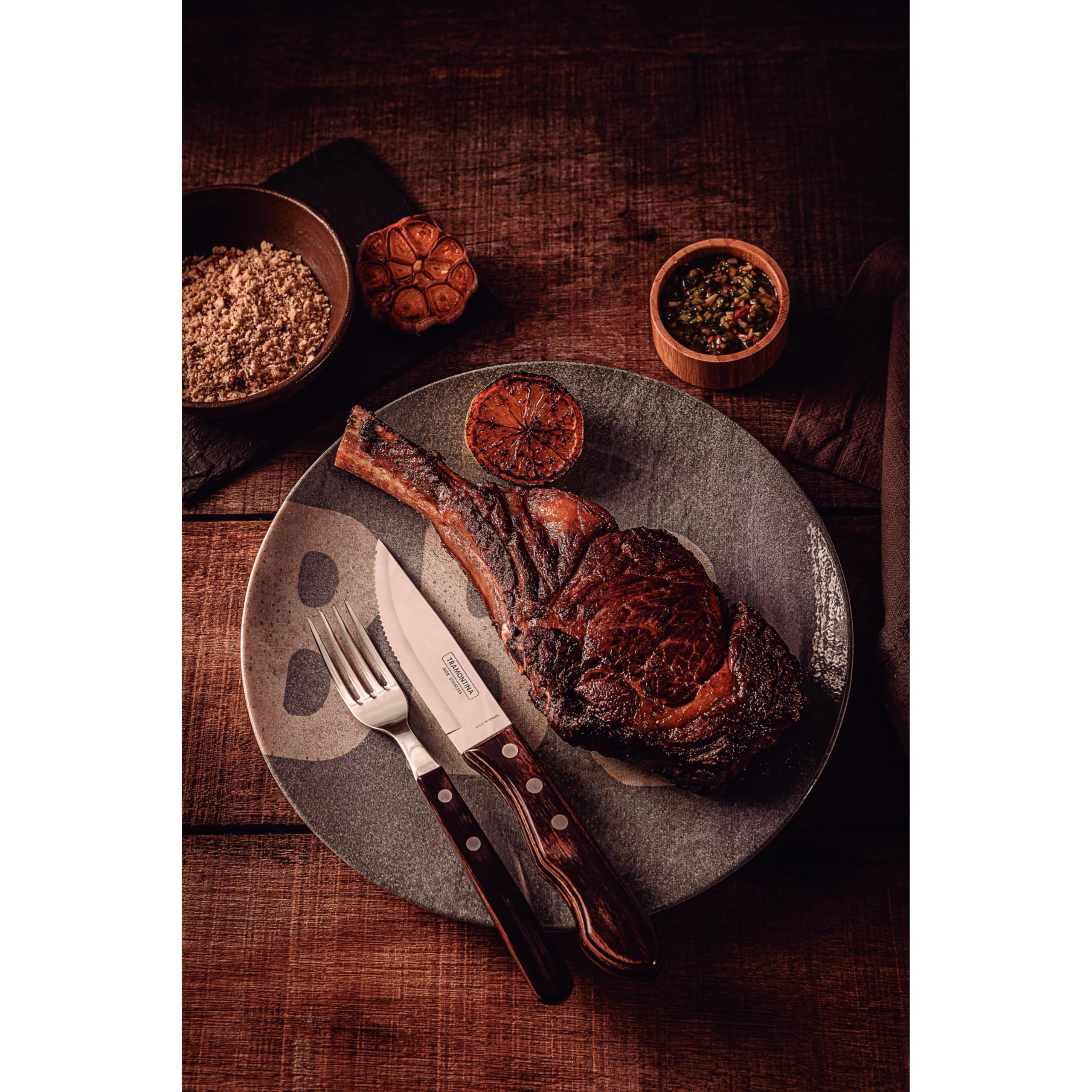 Tramontina Churrasco Coltelli da Bistecca Jumbo Acciaio Inossidabile e Legno Polywood Castagno 4 Pezzi