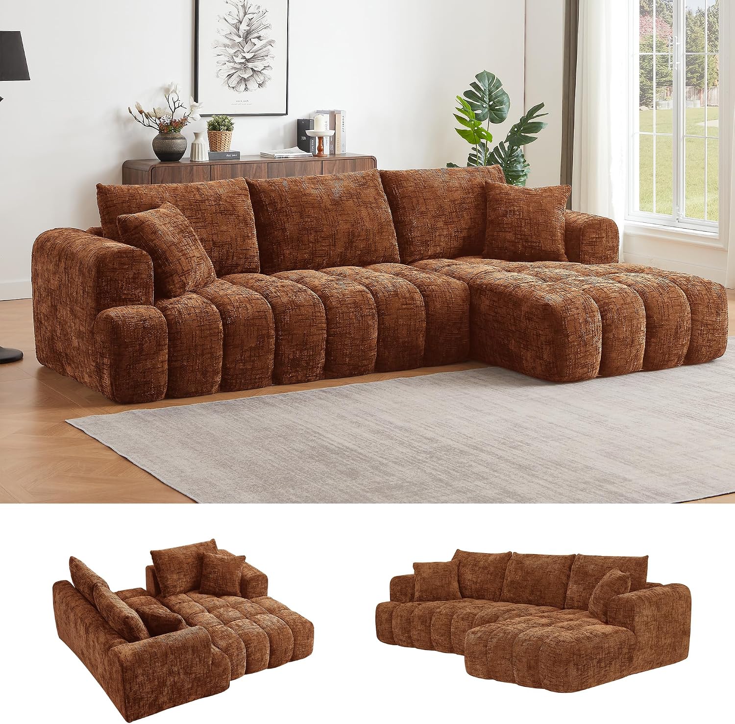108.3" Modular Sectional Sofa Cloud Boneless Couch for Living Room Convertible L-Shape Sofa Couch with Chaise Modern Modular Sofa for Bedroom,No Assembly Required (Right-Facing Chaise,Orange)