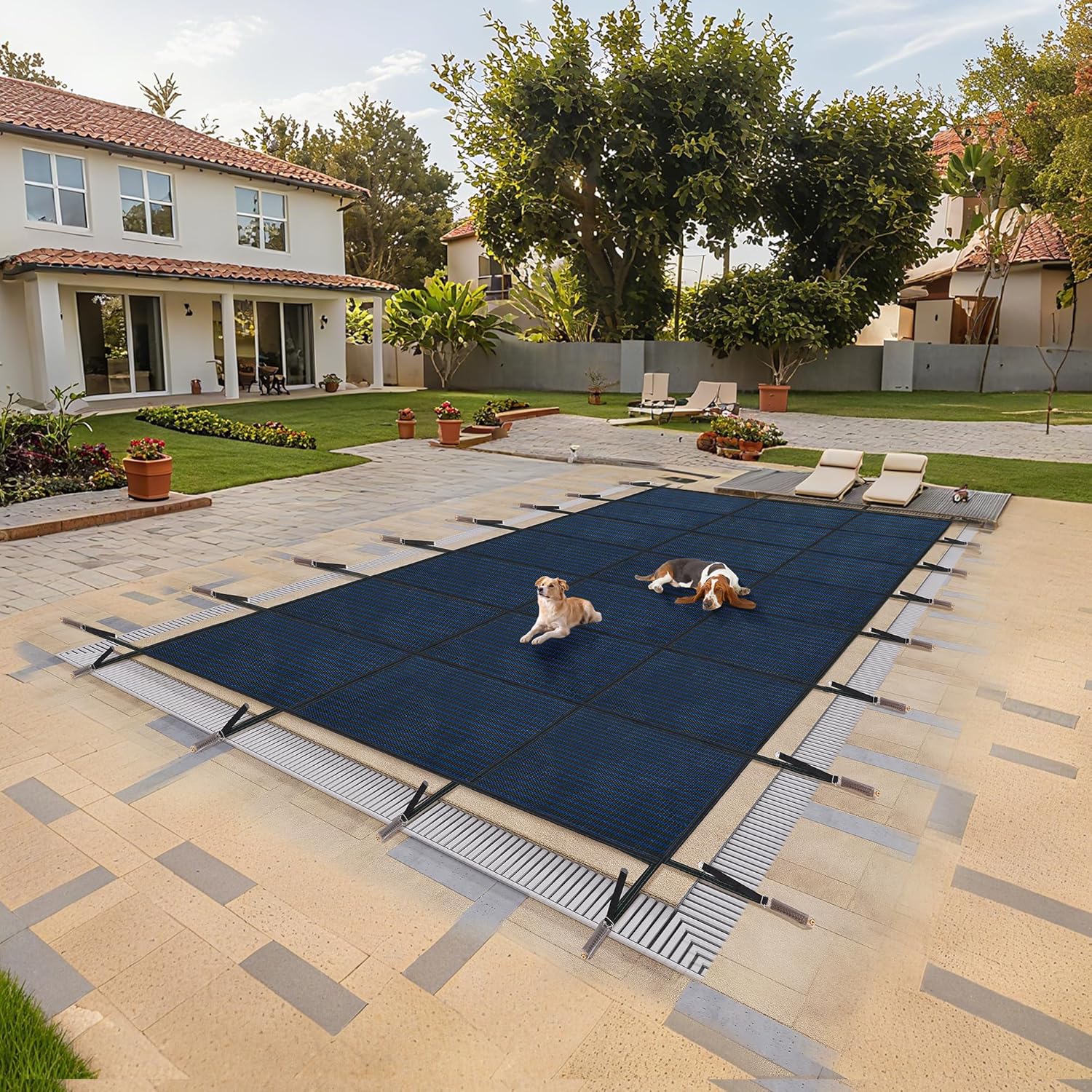 20x40ftSwimming Pool Safety Cover, Fits 18x38ft Rectangular Swimming Pools, Safety Cover with Triple Stitched High Strength Mesh PP Abrasion Resistant Installation Hardware Included, Blue