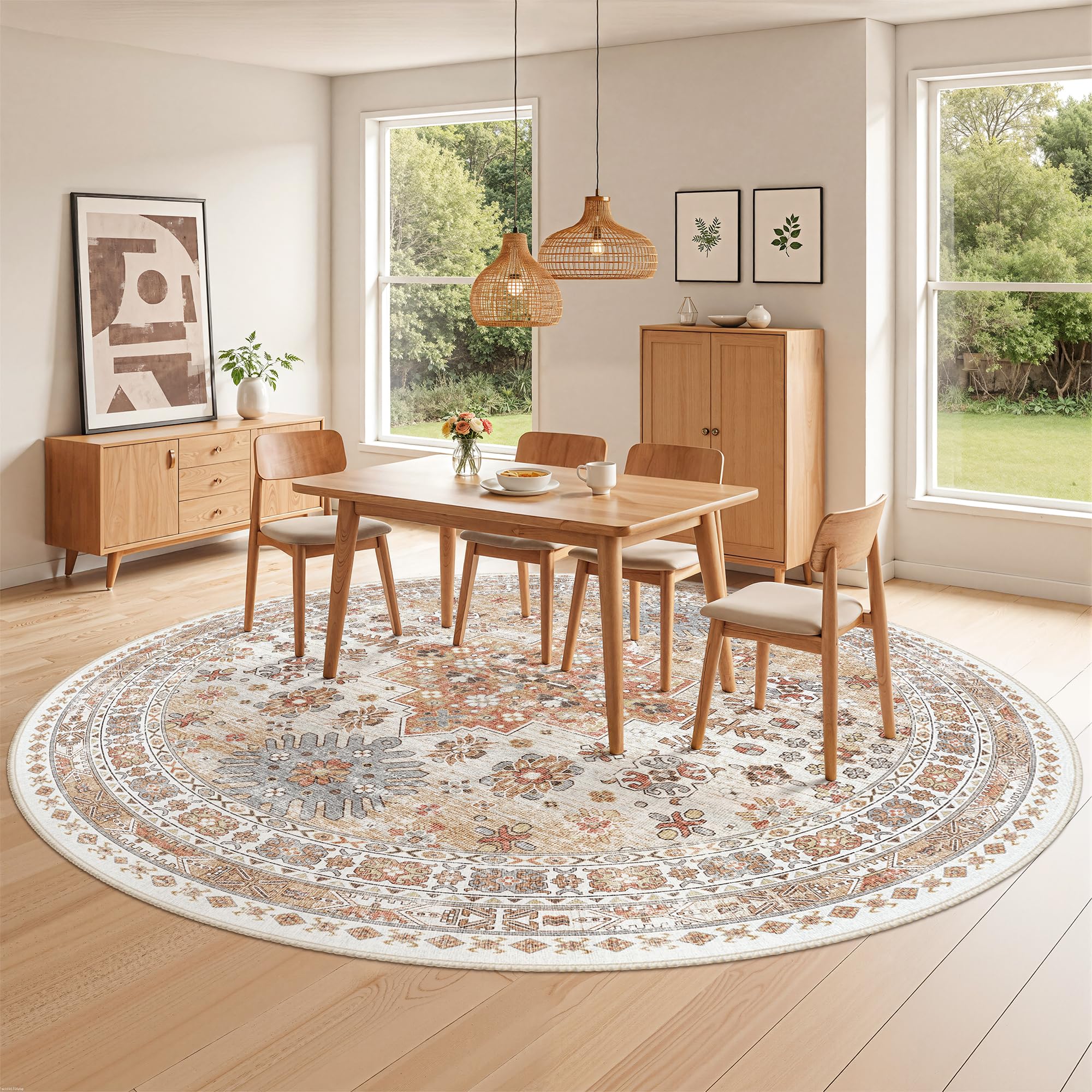 Zesthome 8ft Round Rugs For Living Room, Non-Slip Washable Round Area Rugs, Ultra-Thin Large Circle Rugs, Soft Low Pile Rug For Bedroom, Kitchen - Vintage Stain Resistant Round Rug (Orange,8'x8 - View #8