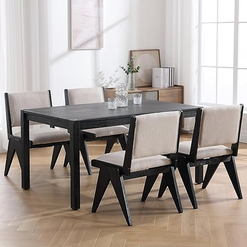 Miniatura 3 de Juego de 2 sillas de comedor beige Sillas de comedor modernas de mediados de siglo Sillas de comedor tapizadas en lino con patas de madera negra,