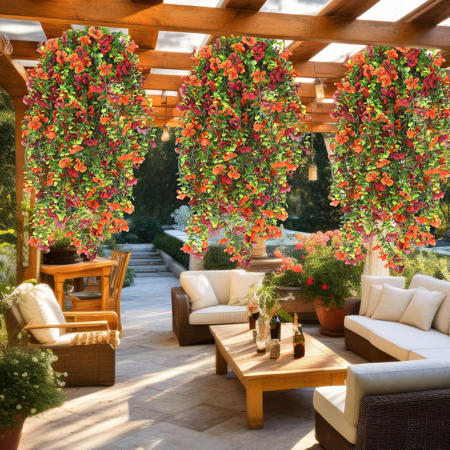 12 Pcs Fall Artificial Hanging Flowers Plants for Outdoor Decoration Fake Silk Mums UV Resistant Daisy Look Real Autumn Violets with Eucalyptus Trailing Vines Porch Patio Yard Garden Balcony - Image 6