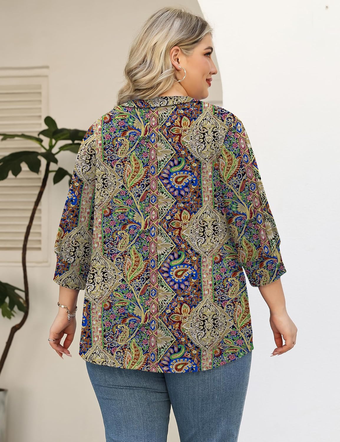 TFSDOD Womens Plus Size Tops 3/4 Length Sleeve Womens Tops V Neck Blouses Pleated Tunic Plus Size Fashion (1X-5X) - Image 5