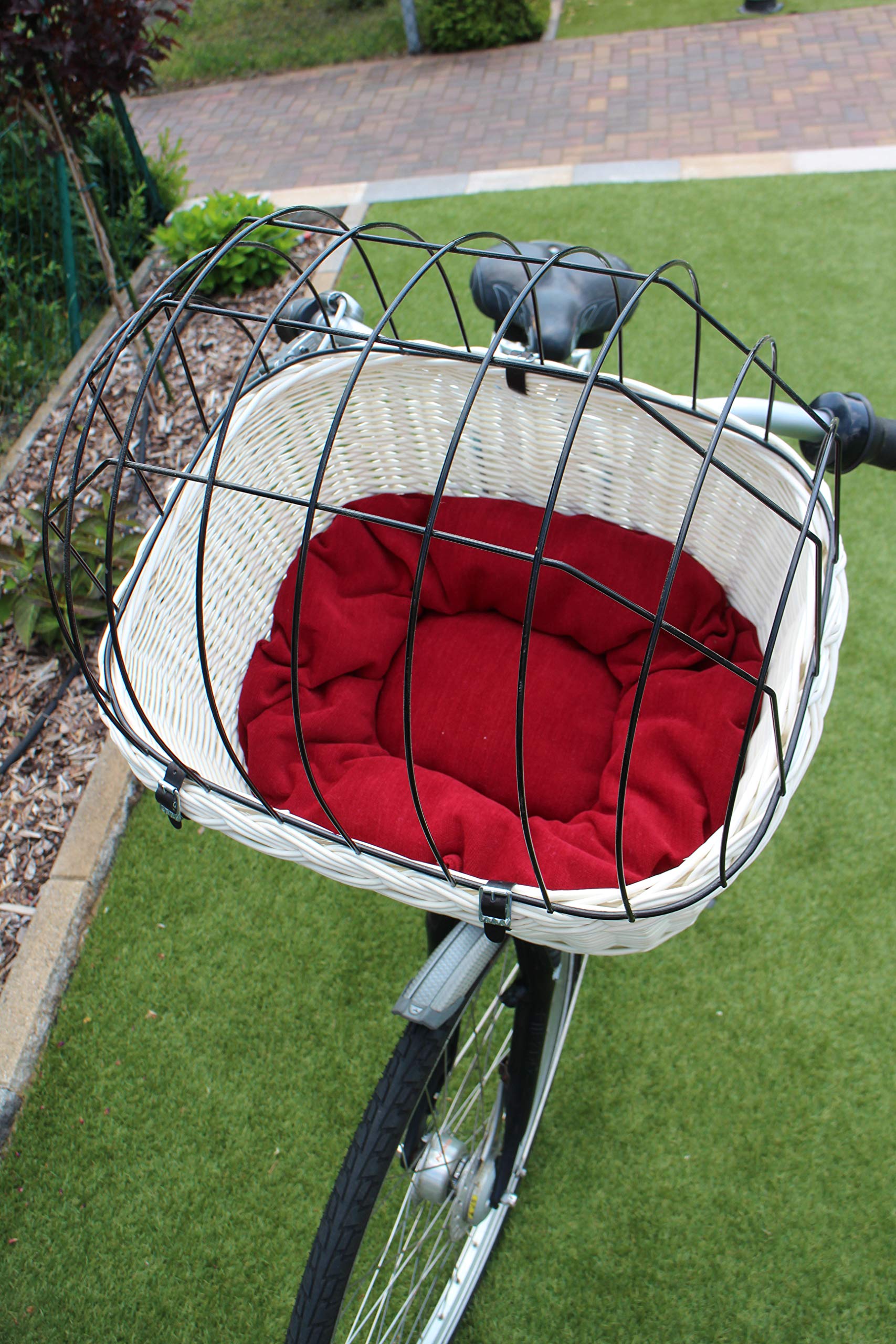 Panier de vélo pour chien pour guidon de vélo en osier avec grille en métal et coussin blanc Panier pour chien (avec coussin)