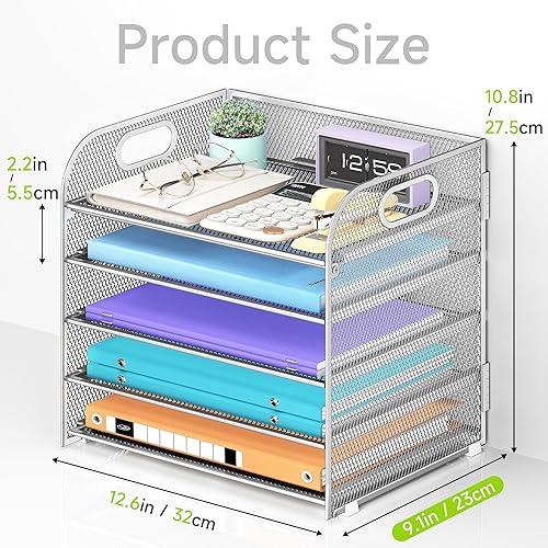 Miniatura 5 de Organizador de papel de 5 niveles con asa, organizador de escritorio de malla metálica, carpeta de archivos, bandeja de papel para cartas,