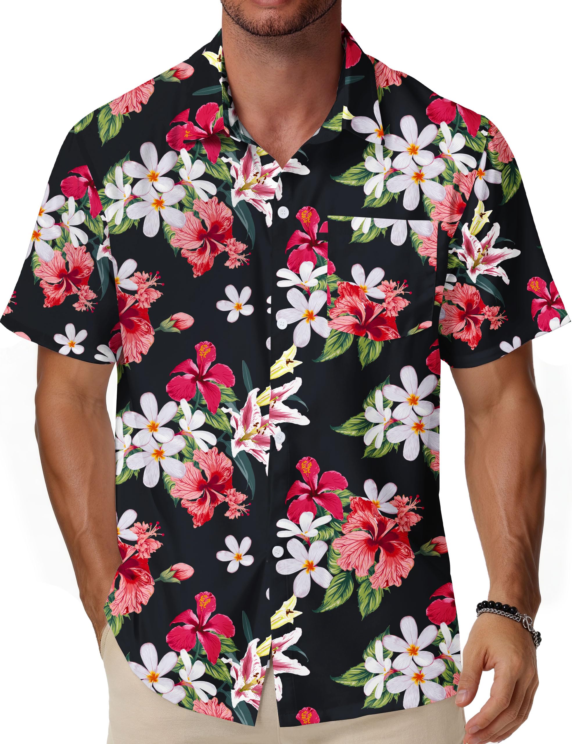 WISMBOX Hawaiihemd Herren Kurzarm mit Brusttasche, Buntes Sommerhemd Regular Fit, Funky Aloha Strandhemd für Urlaub Freizeit & Party